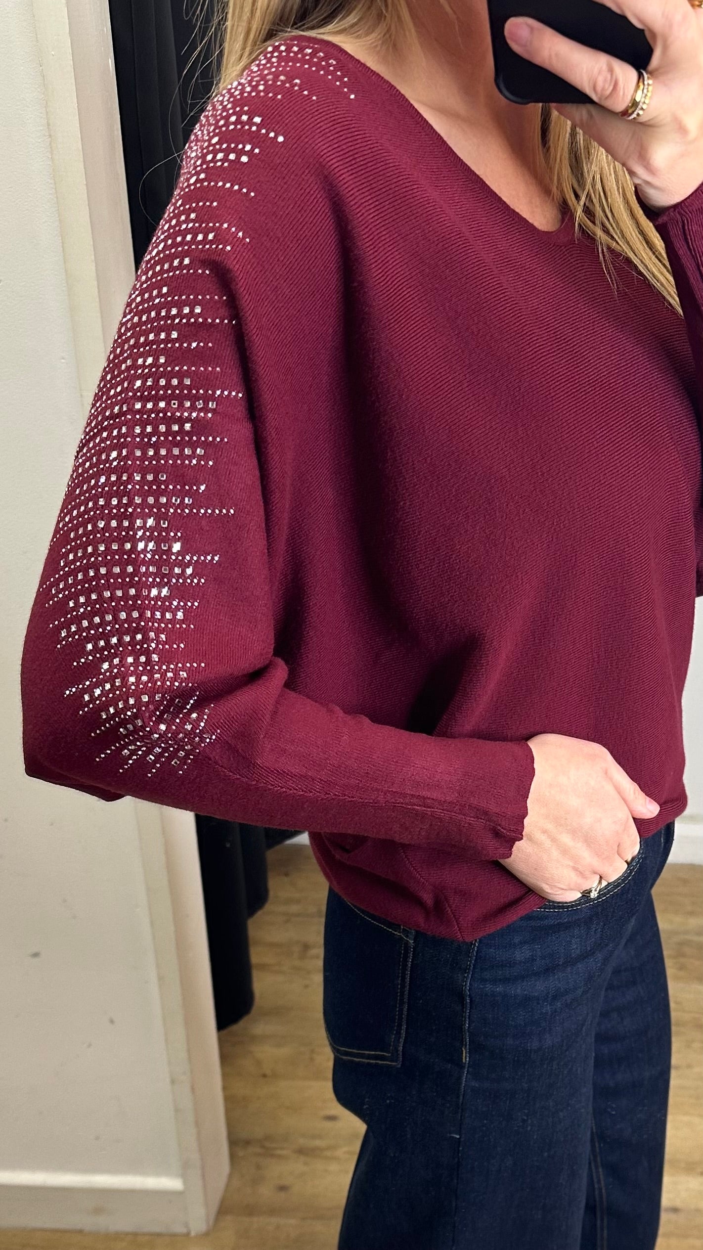 Diamante Batwing Jumper - Burgundy Colour