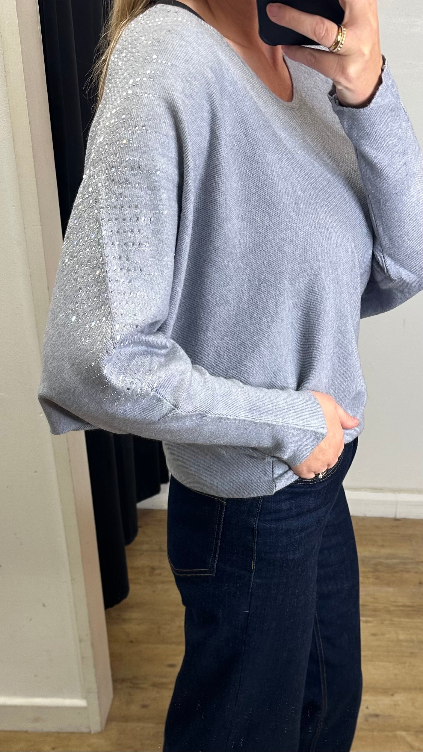 Diamante Batwing Jumper - Grey Colour