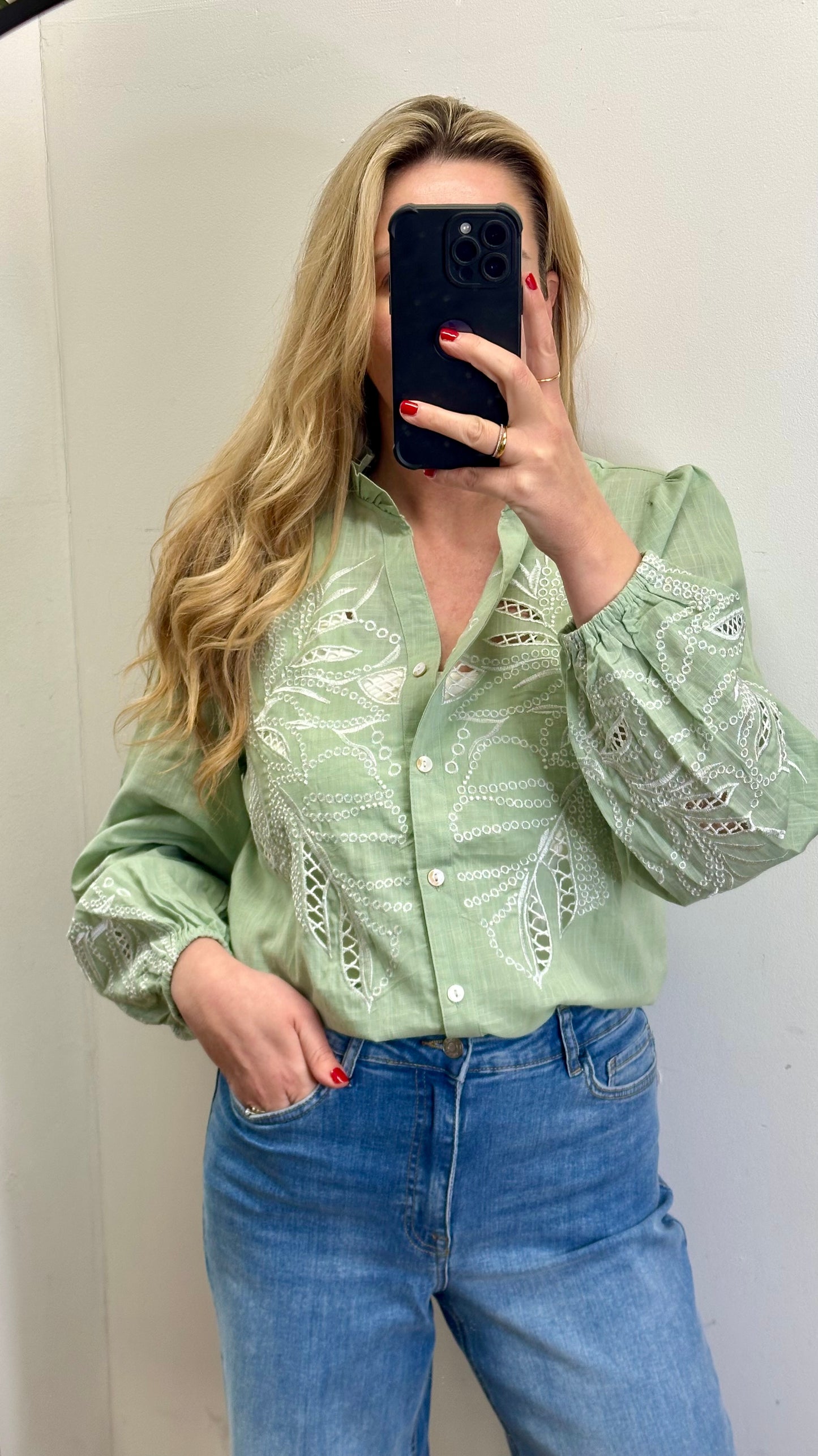 Mint Green Embroidered Cotton Shirt