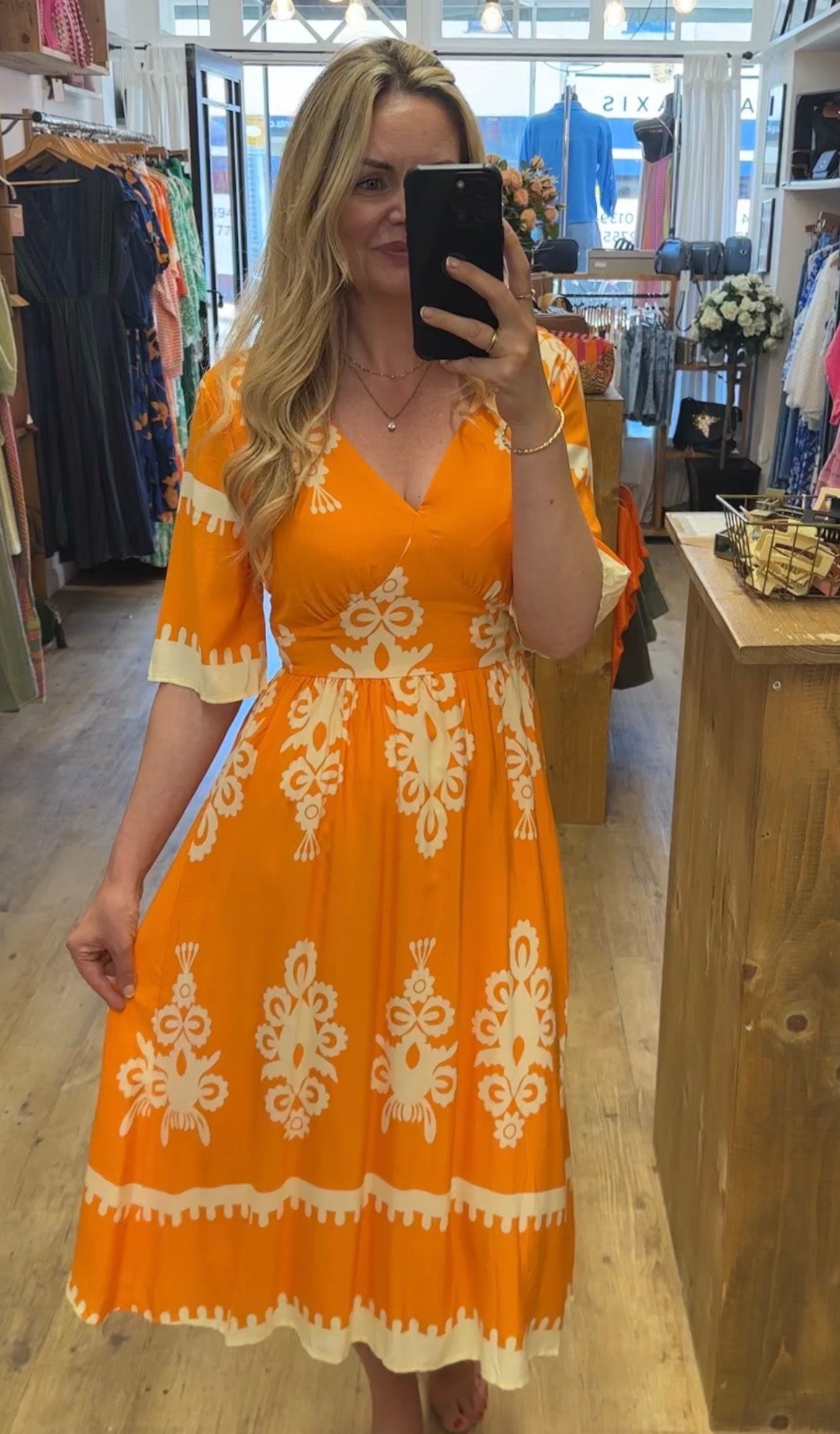 Orange / Cream Print Midi Dress