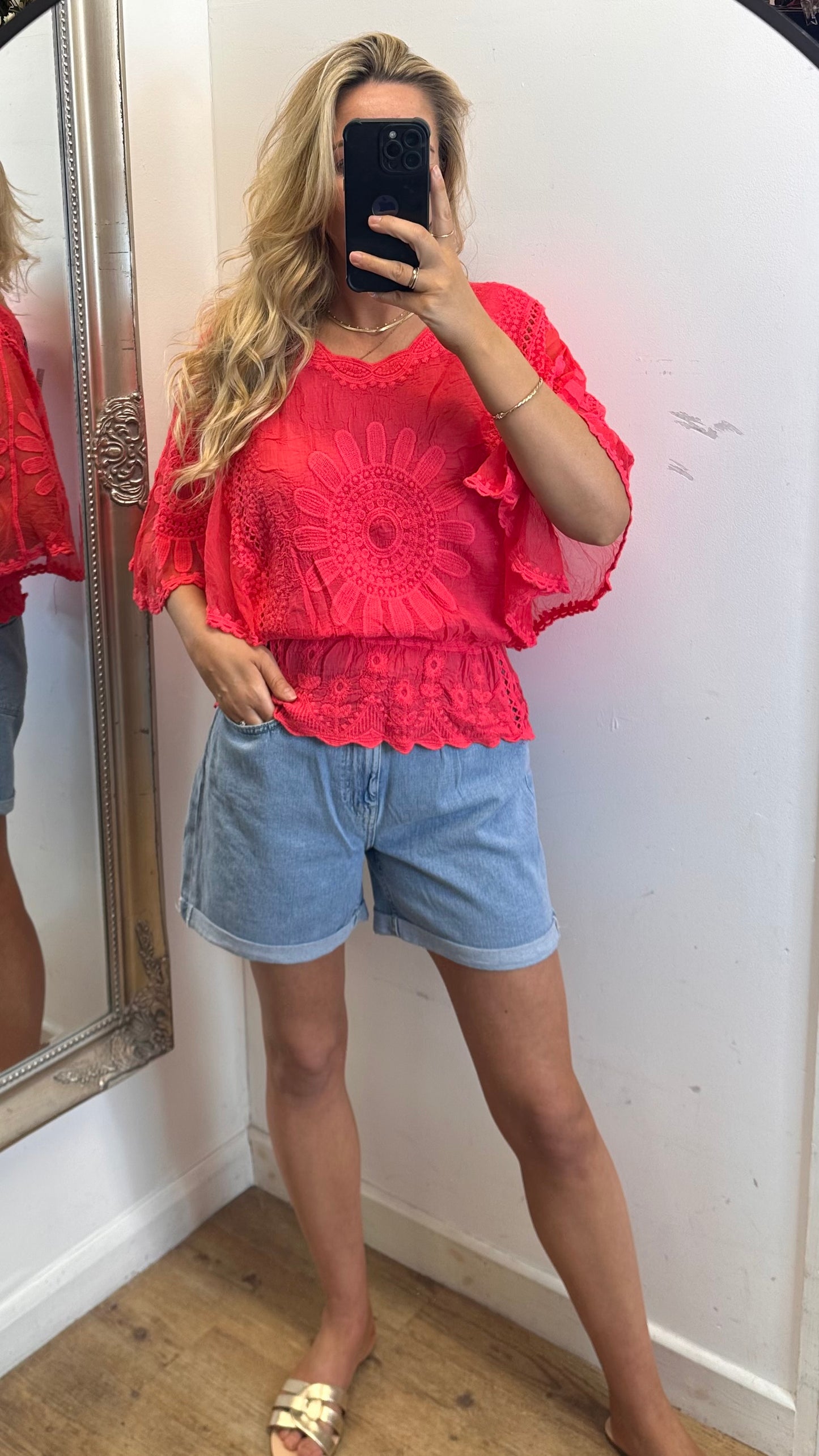 Sheer Sleeve Embroidered Top - Coral Colour