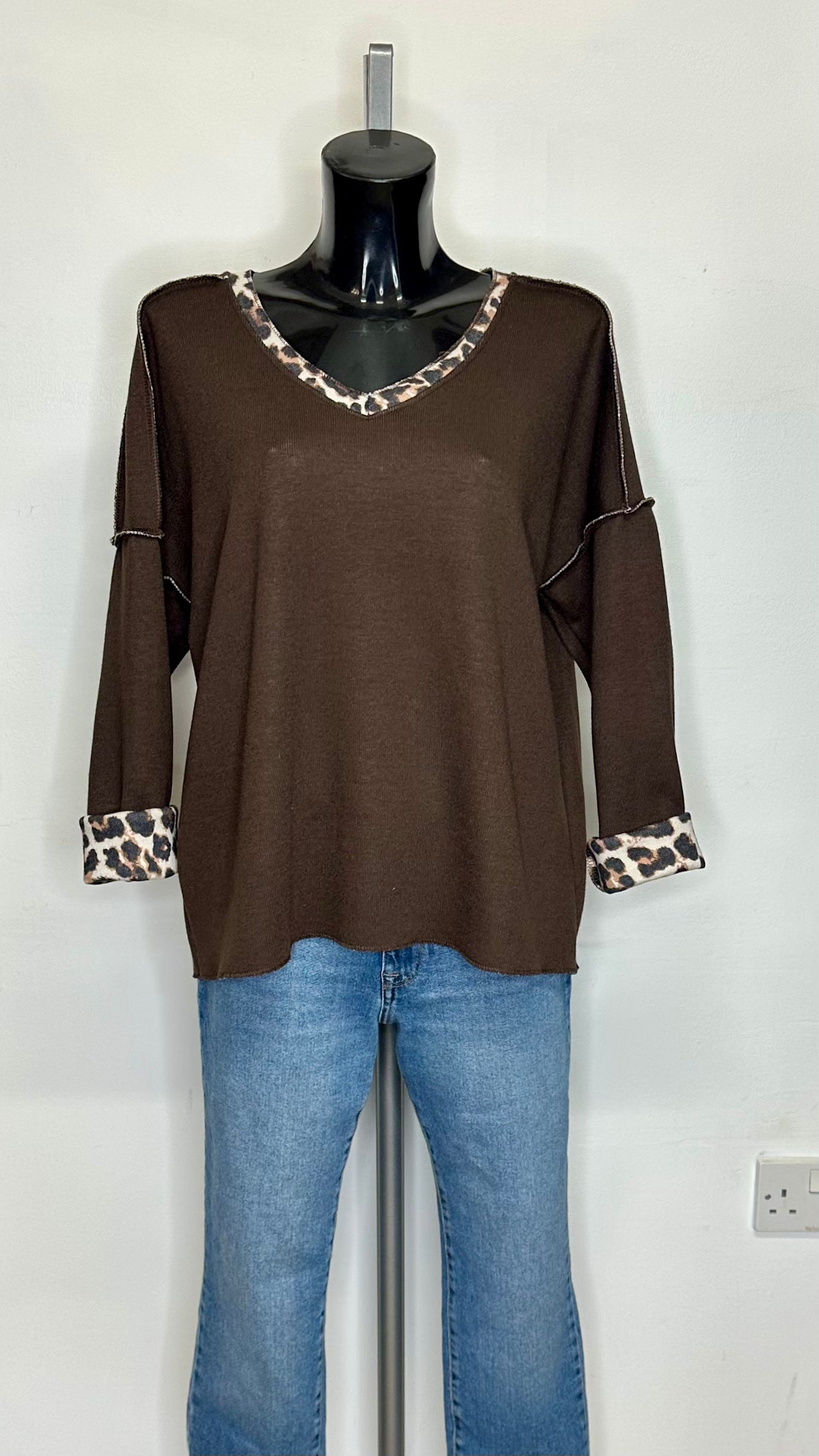 Leopard Trim Jumper - Brown Colour