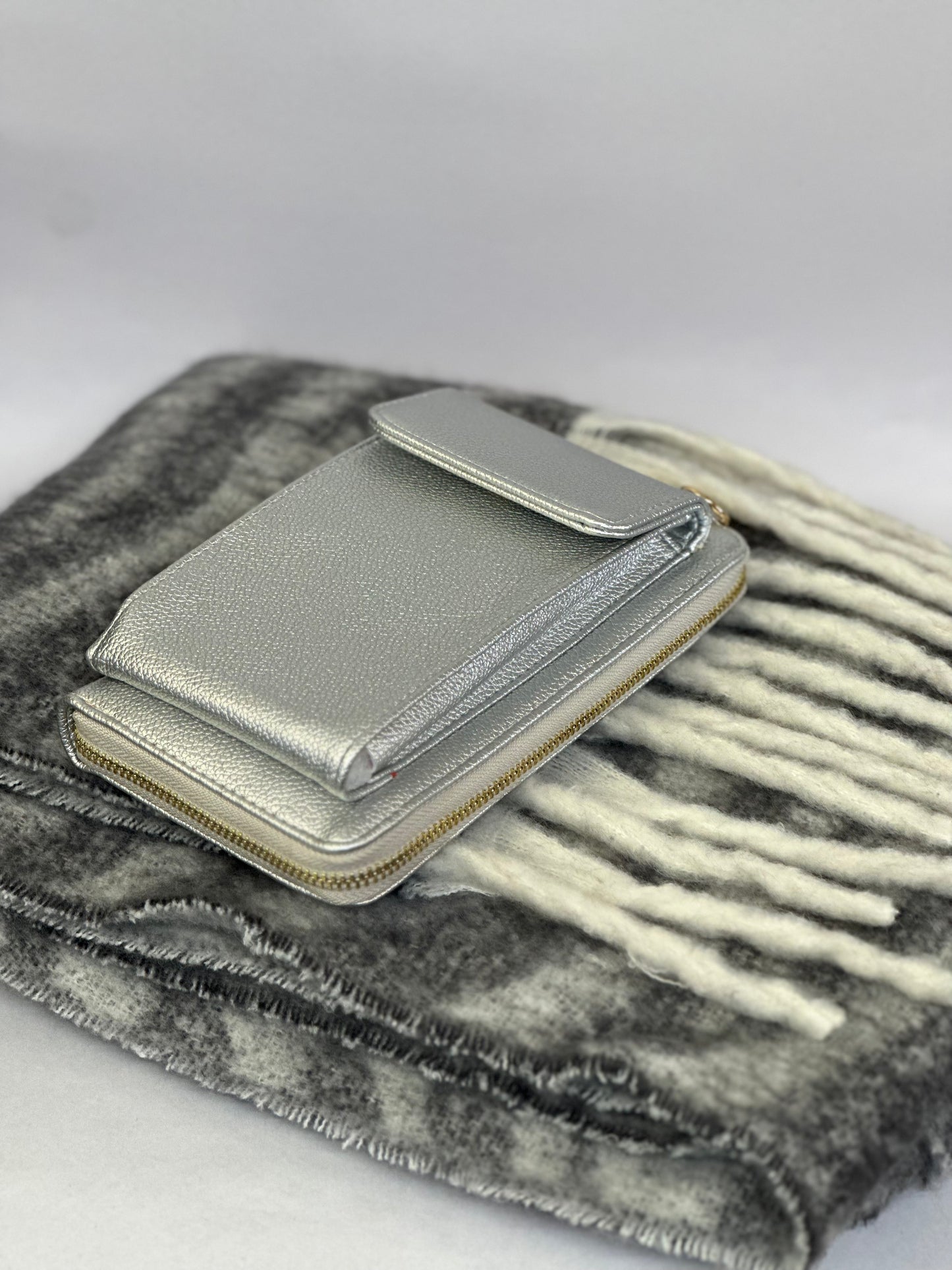 Grey Scarf And Silver Phone Bag
