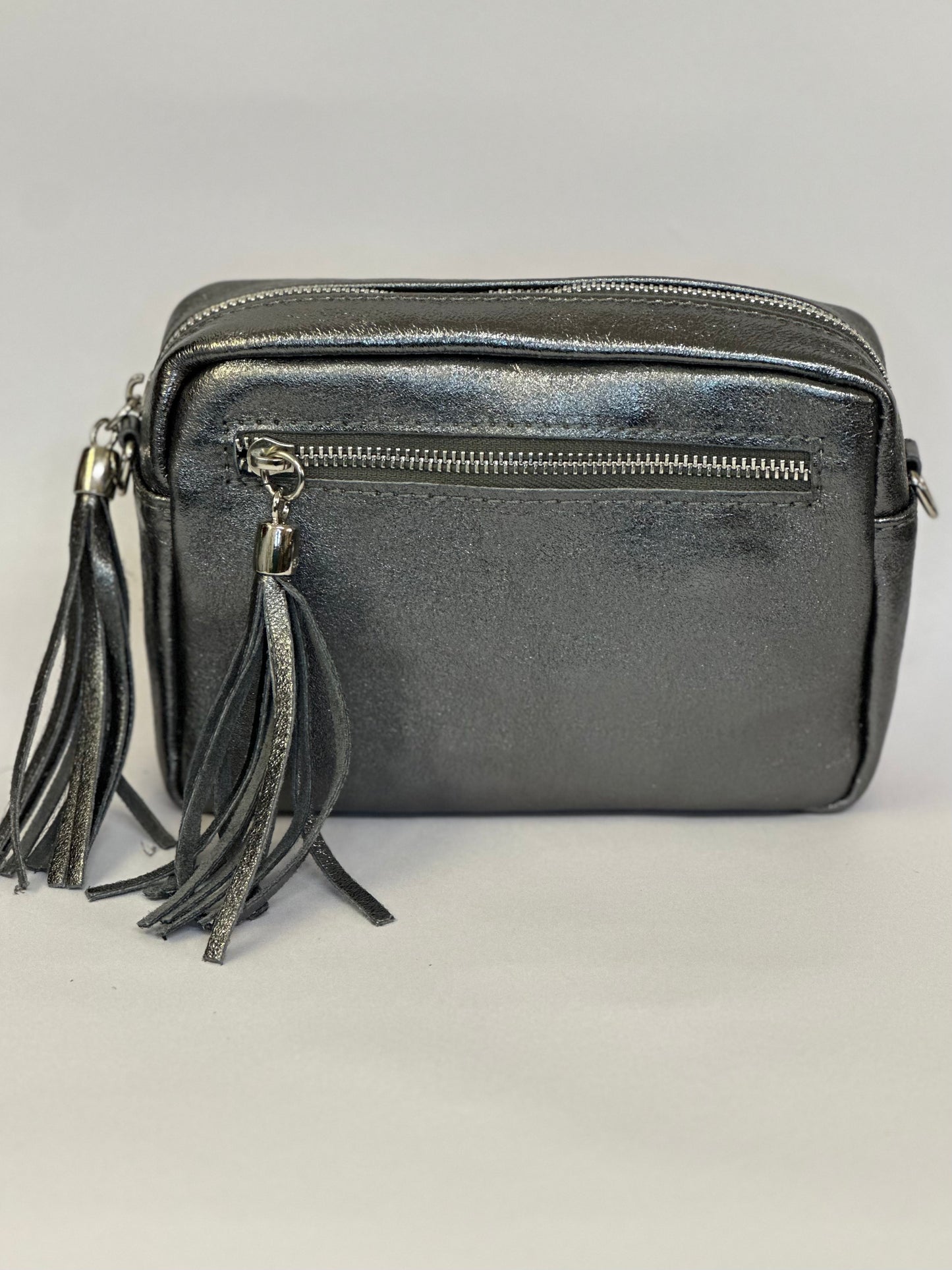 Metallic Grey Camera Bag - Real Leather