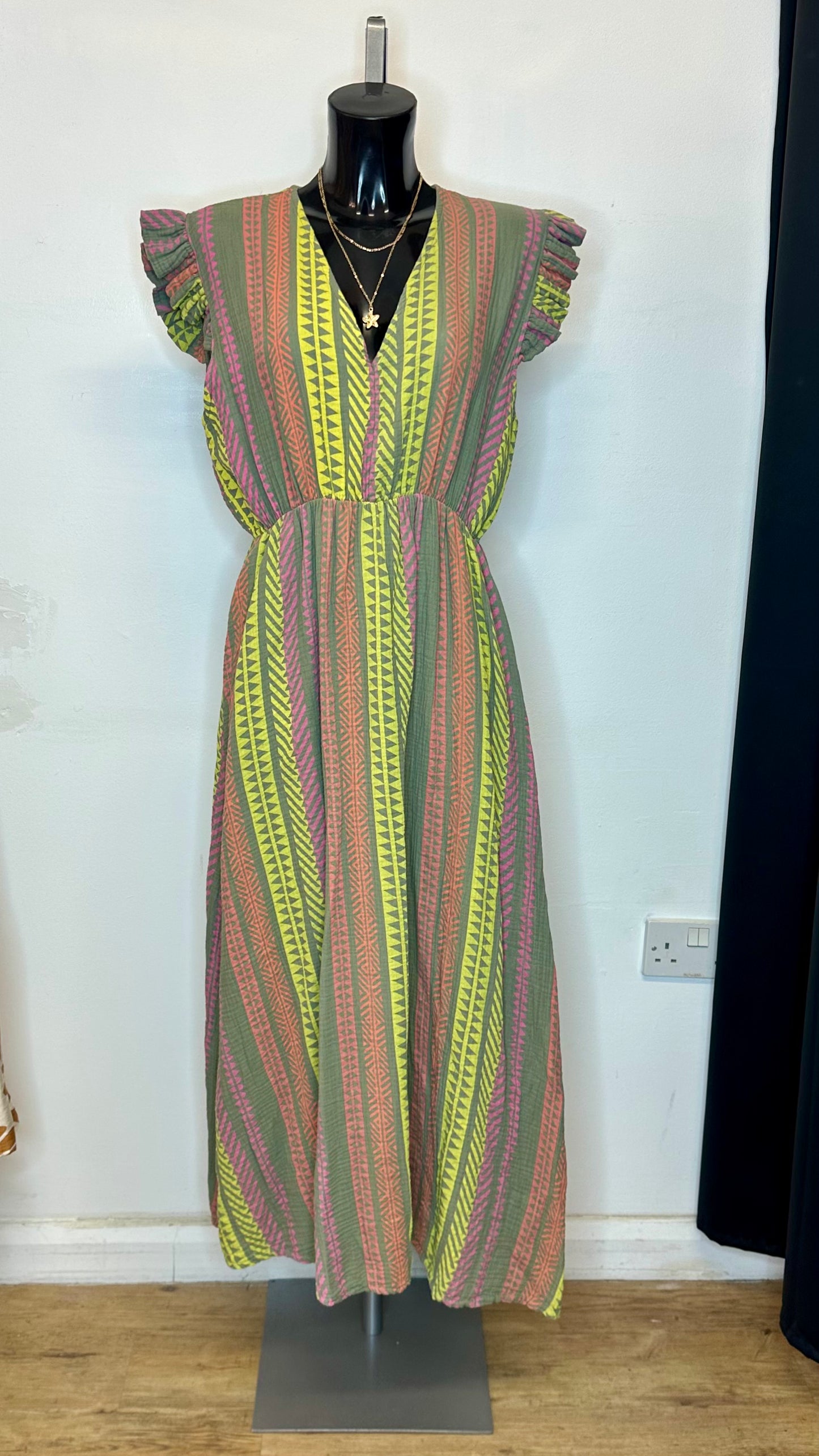 Aztec Print Maxi Dress - Khaki Colour