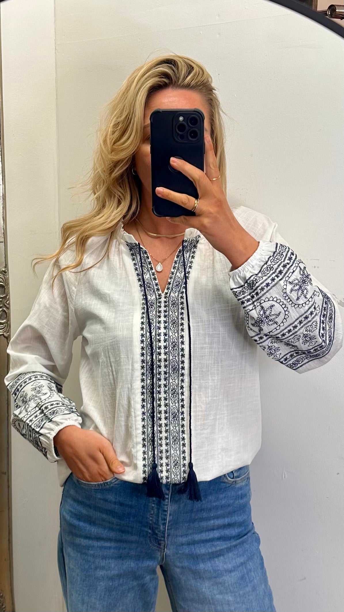 White / Navy Pattern Top