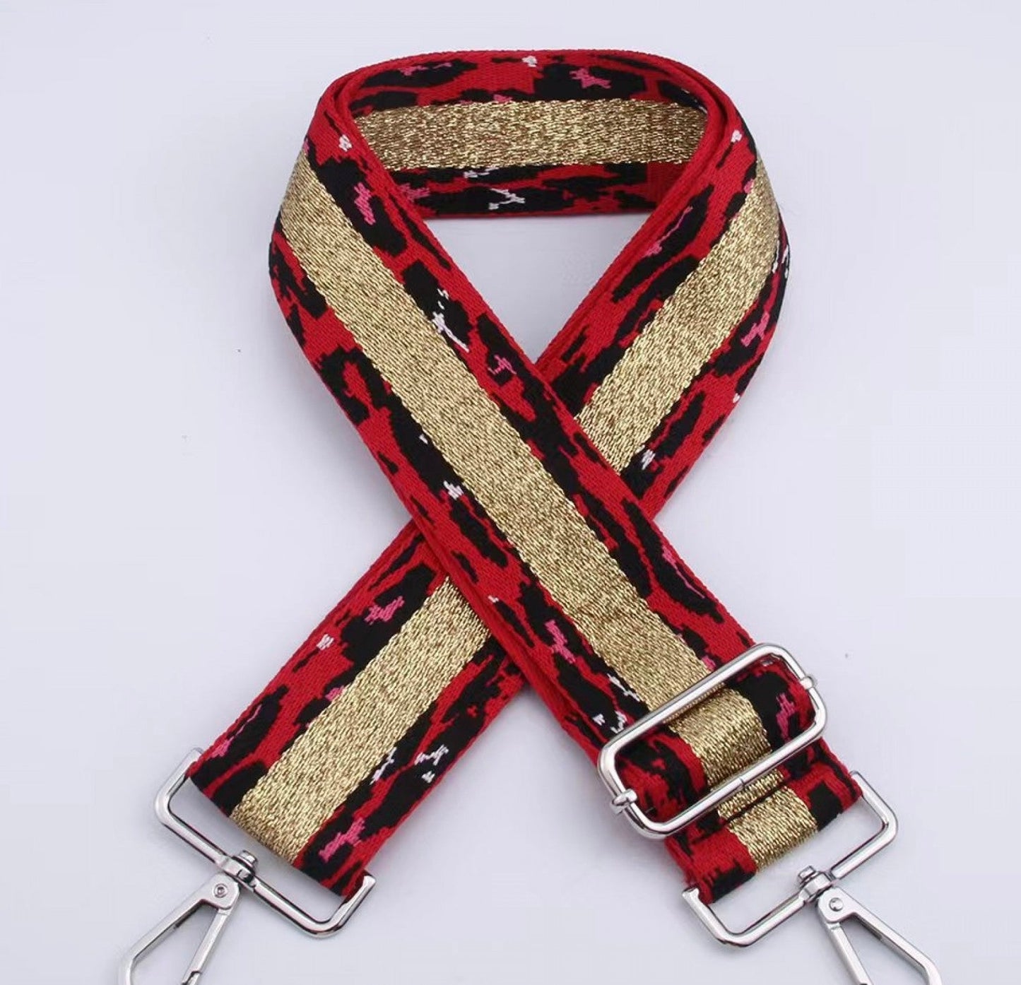 Red animal print bag strap - Silver hardware
