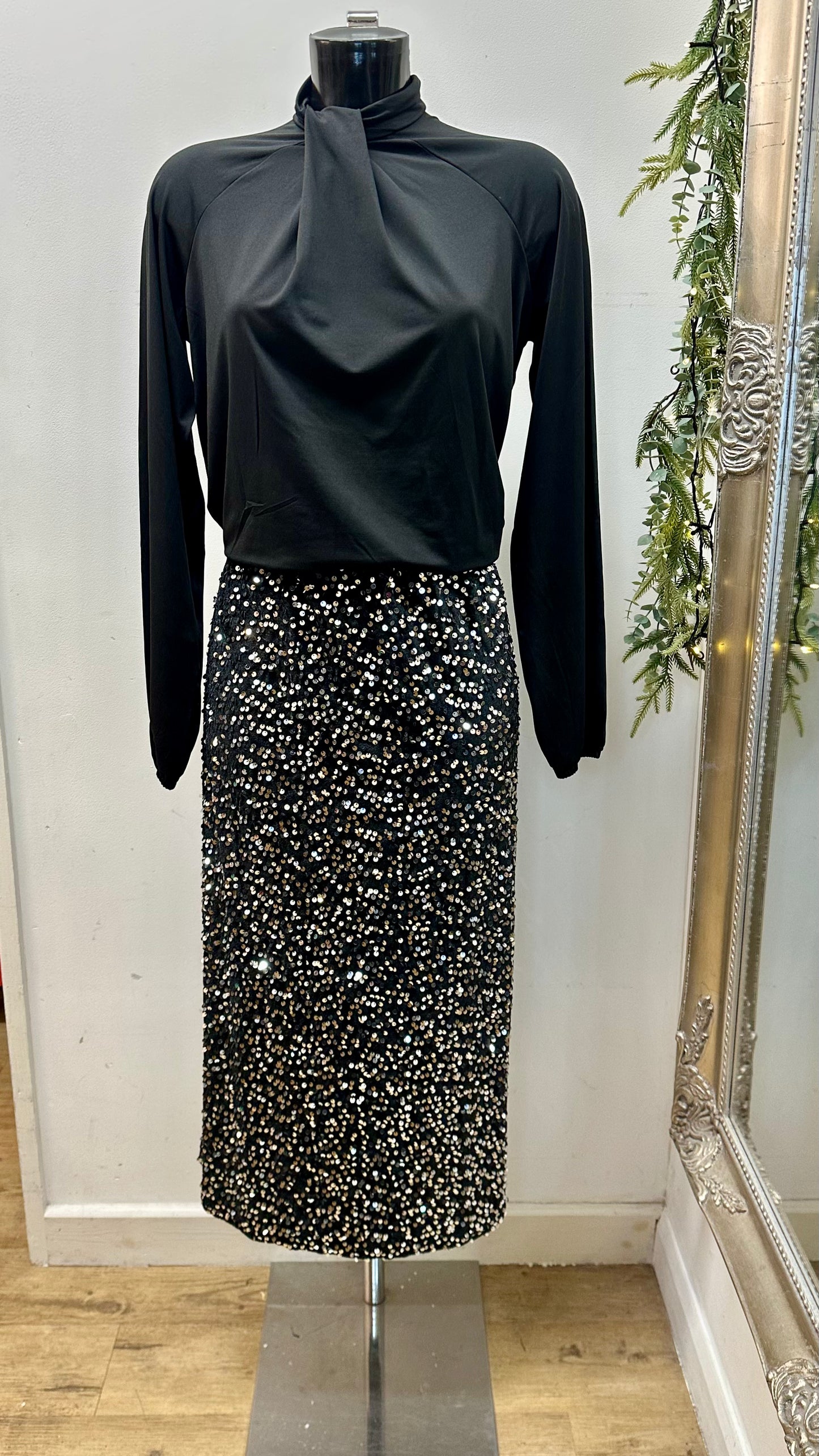 Silver Sequin Velour Midi Skirt