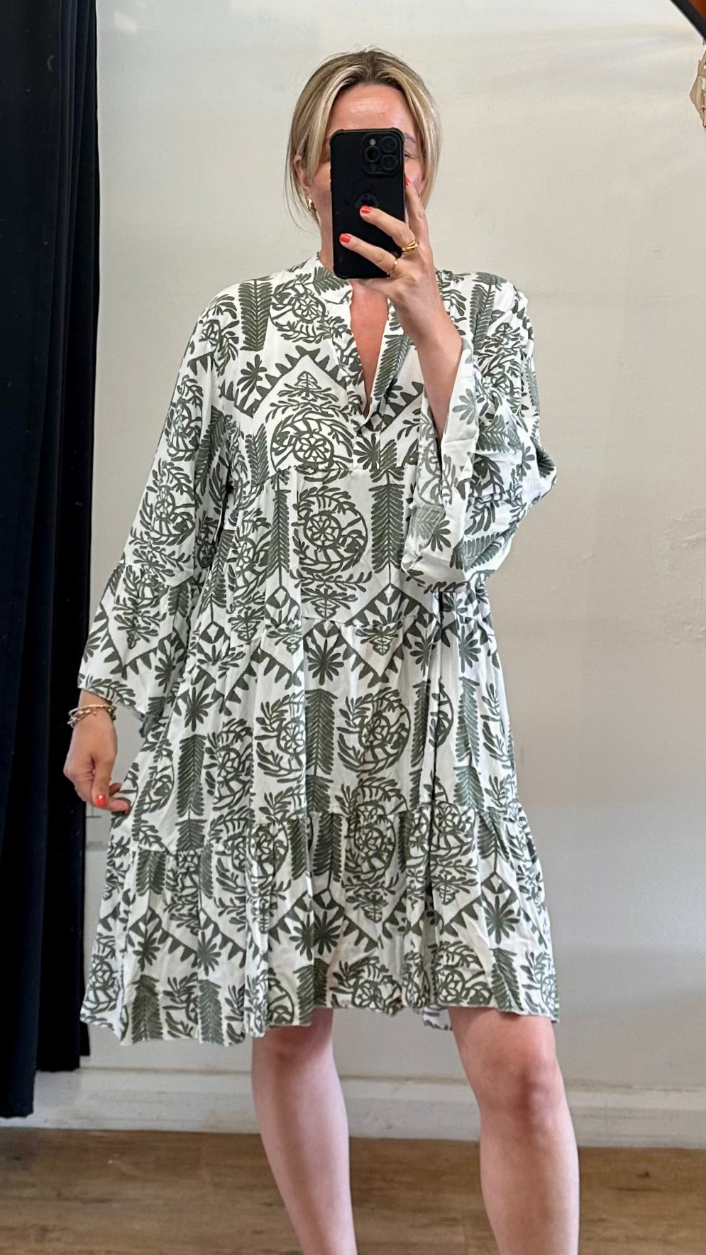 Khaki Smock Print Dress