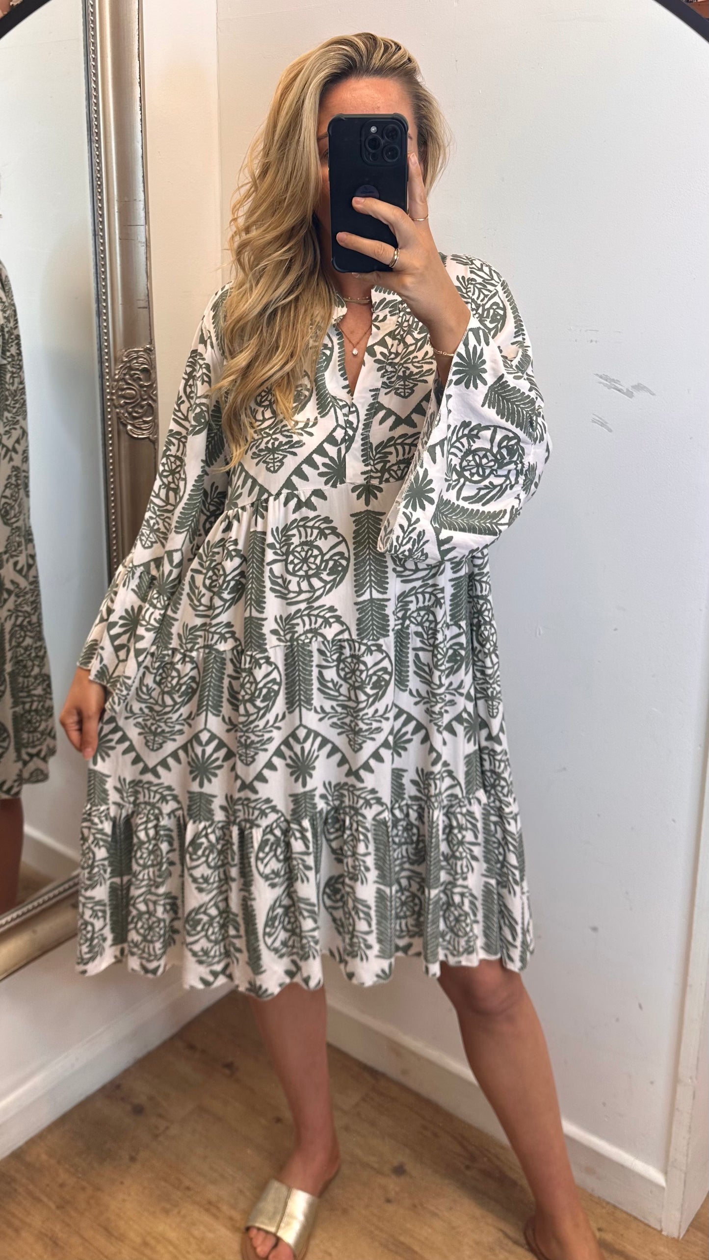 Patterned Smock Dress - Khaki Colour