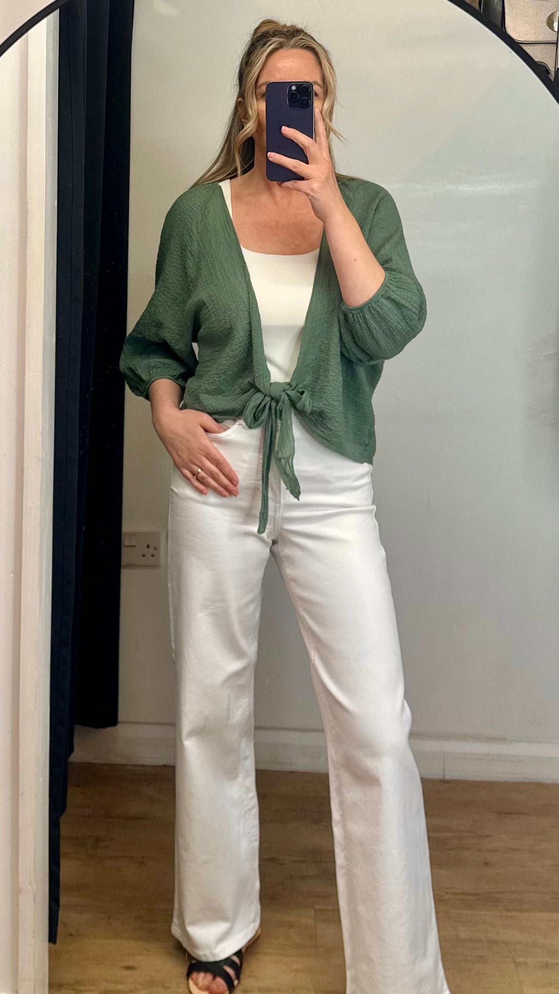 Khaki cheesecloth tie front cardigan