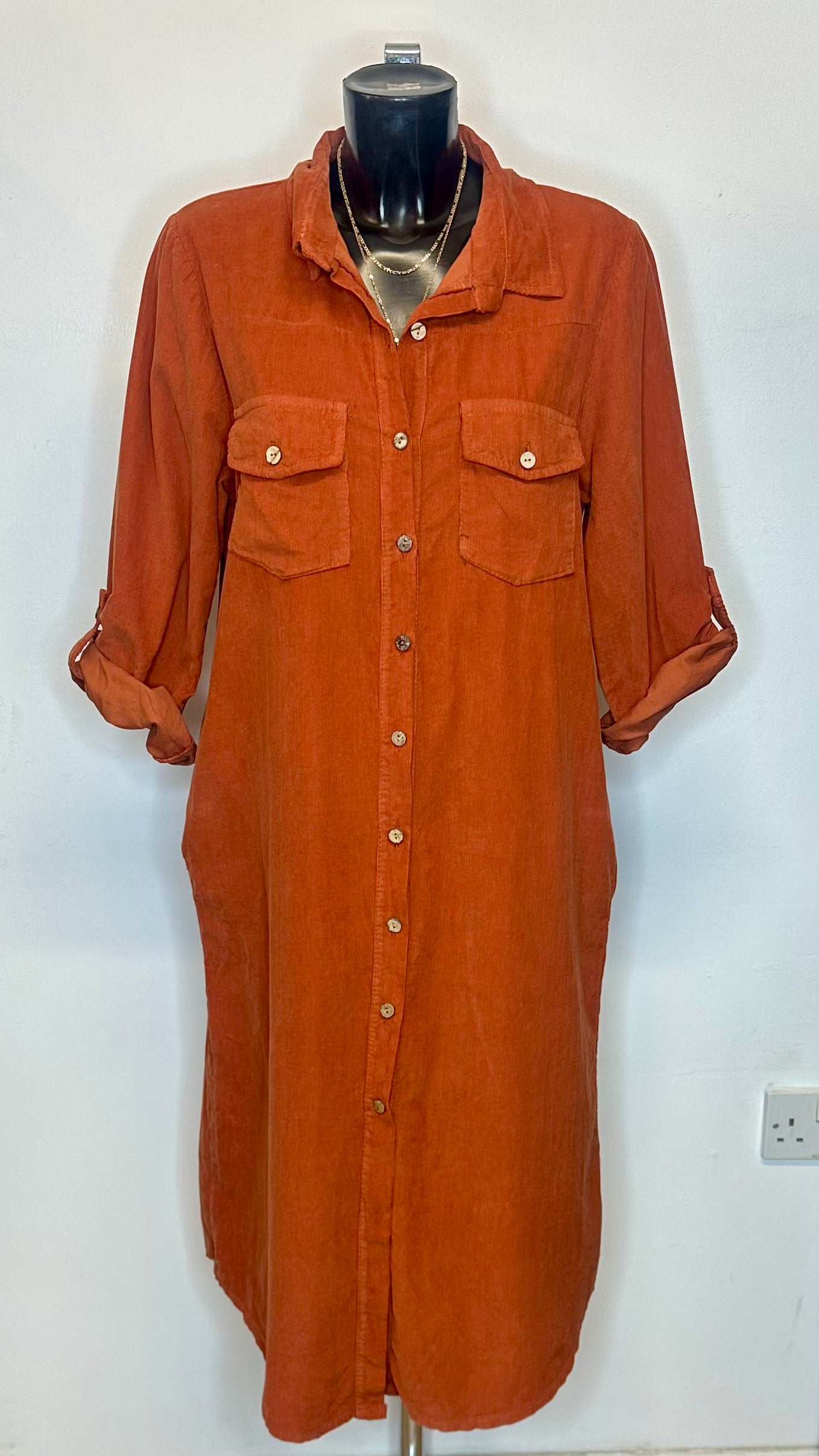 Corduroy Shirt Dress - Terracotta Colour