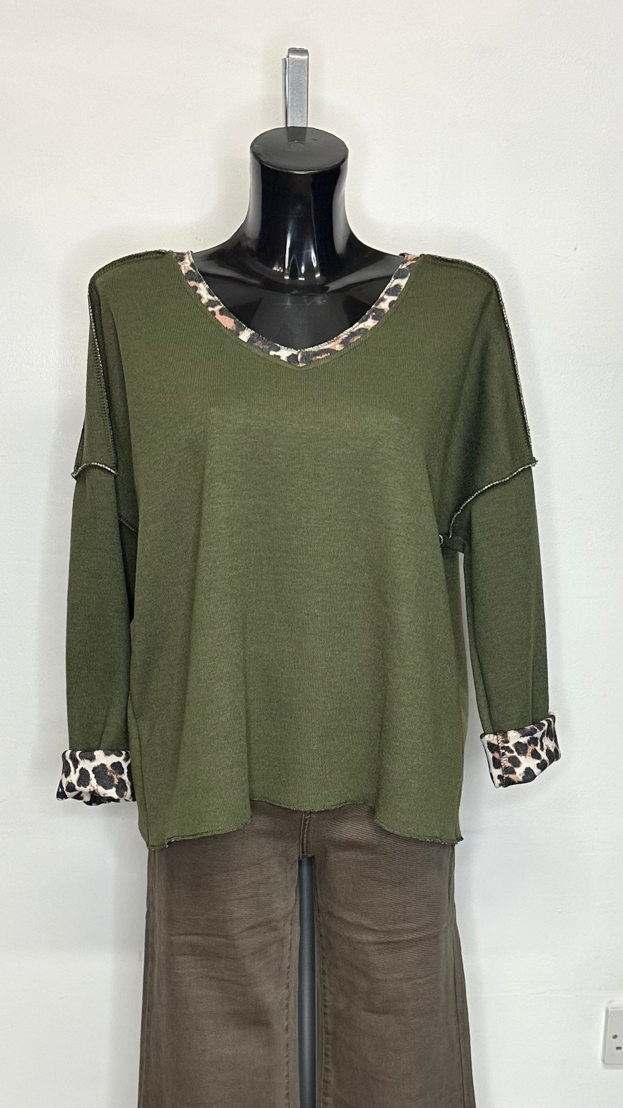 Leopard Trim Jumper - Khaki Colour