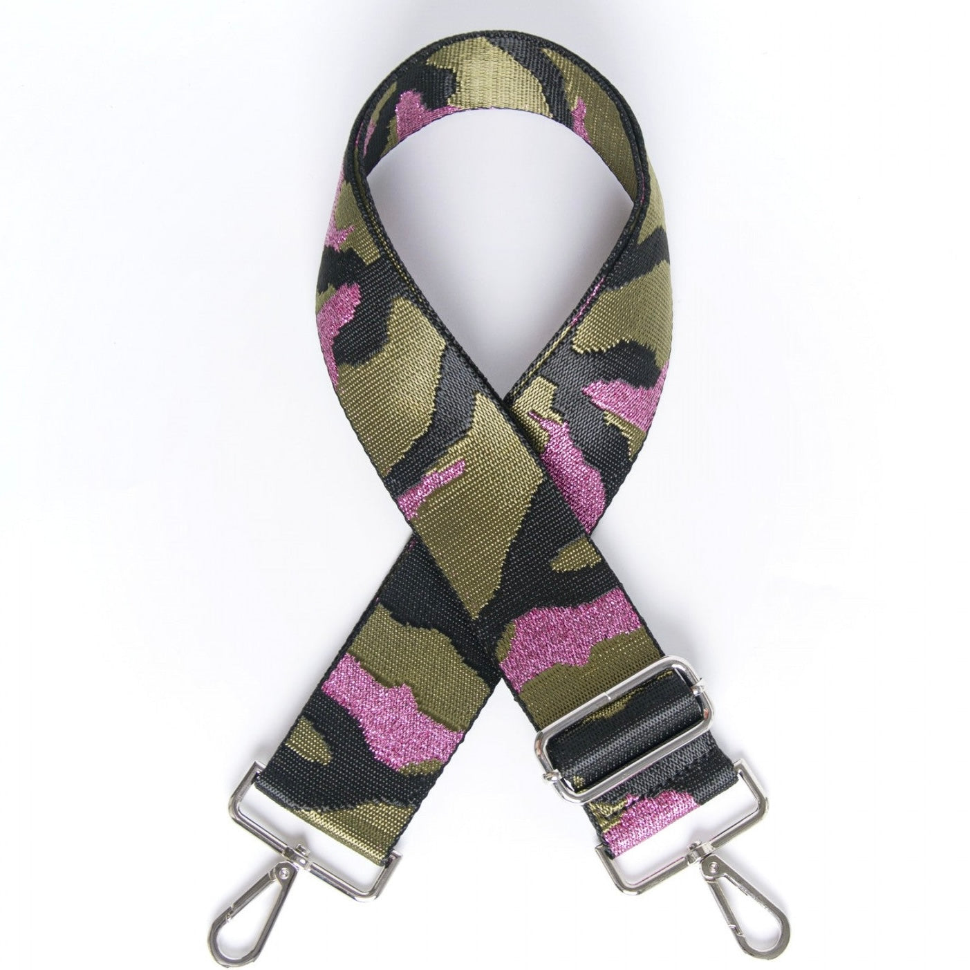 Pink glitter camo print bag strap - Silver hardware