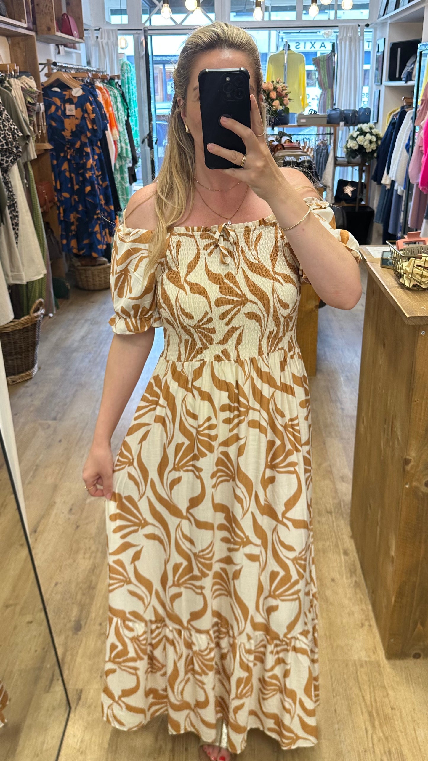 Leaf Print Maxi Dress - Tan Colour