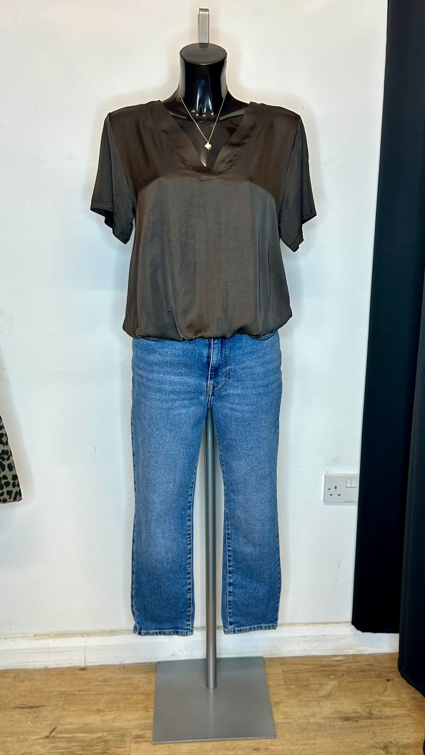 Brown Satin Top - Elasticated Hemline