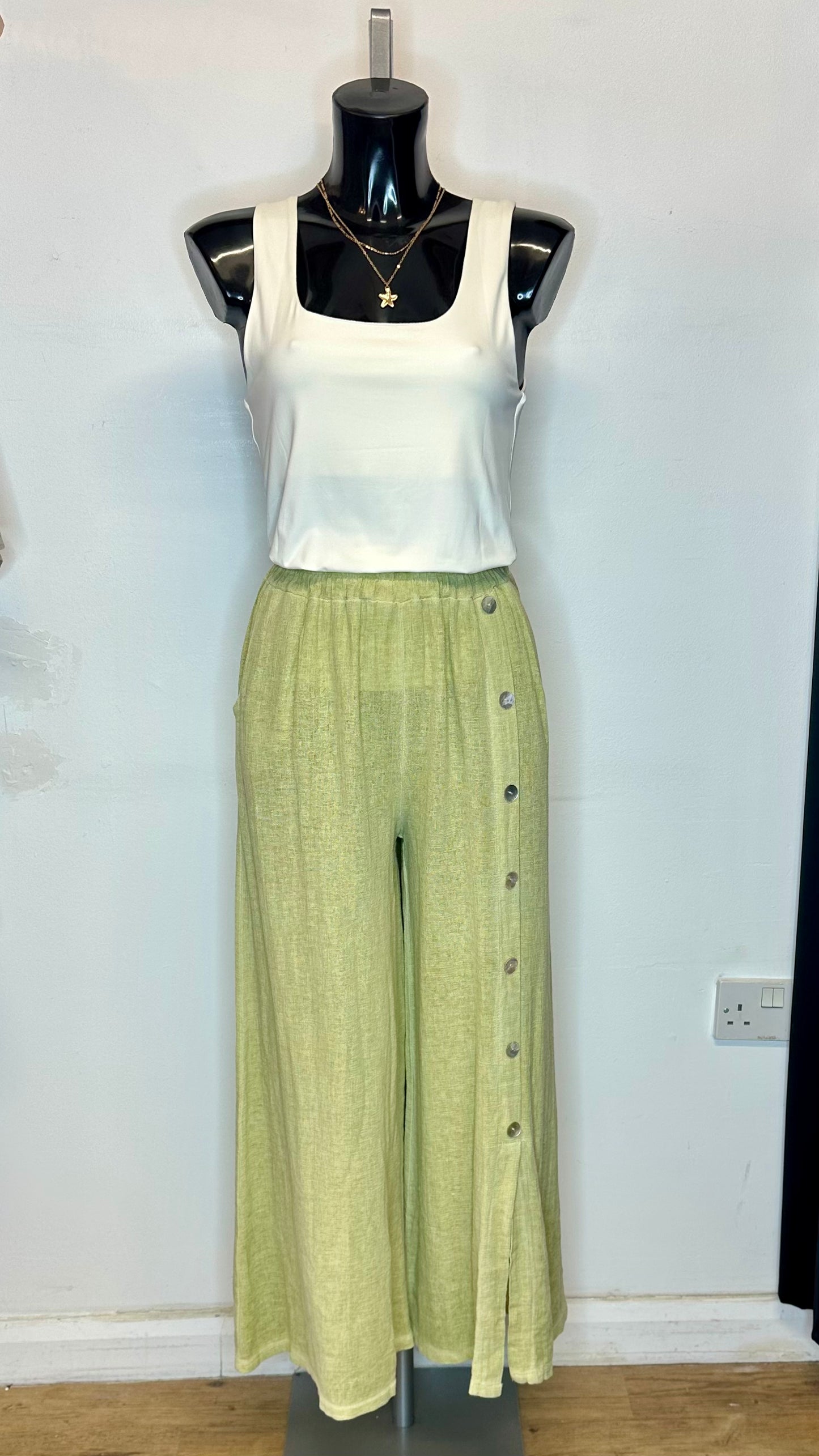 Cotton / Linen Button Trousers - Pistachio Green Colour