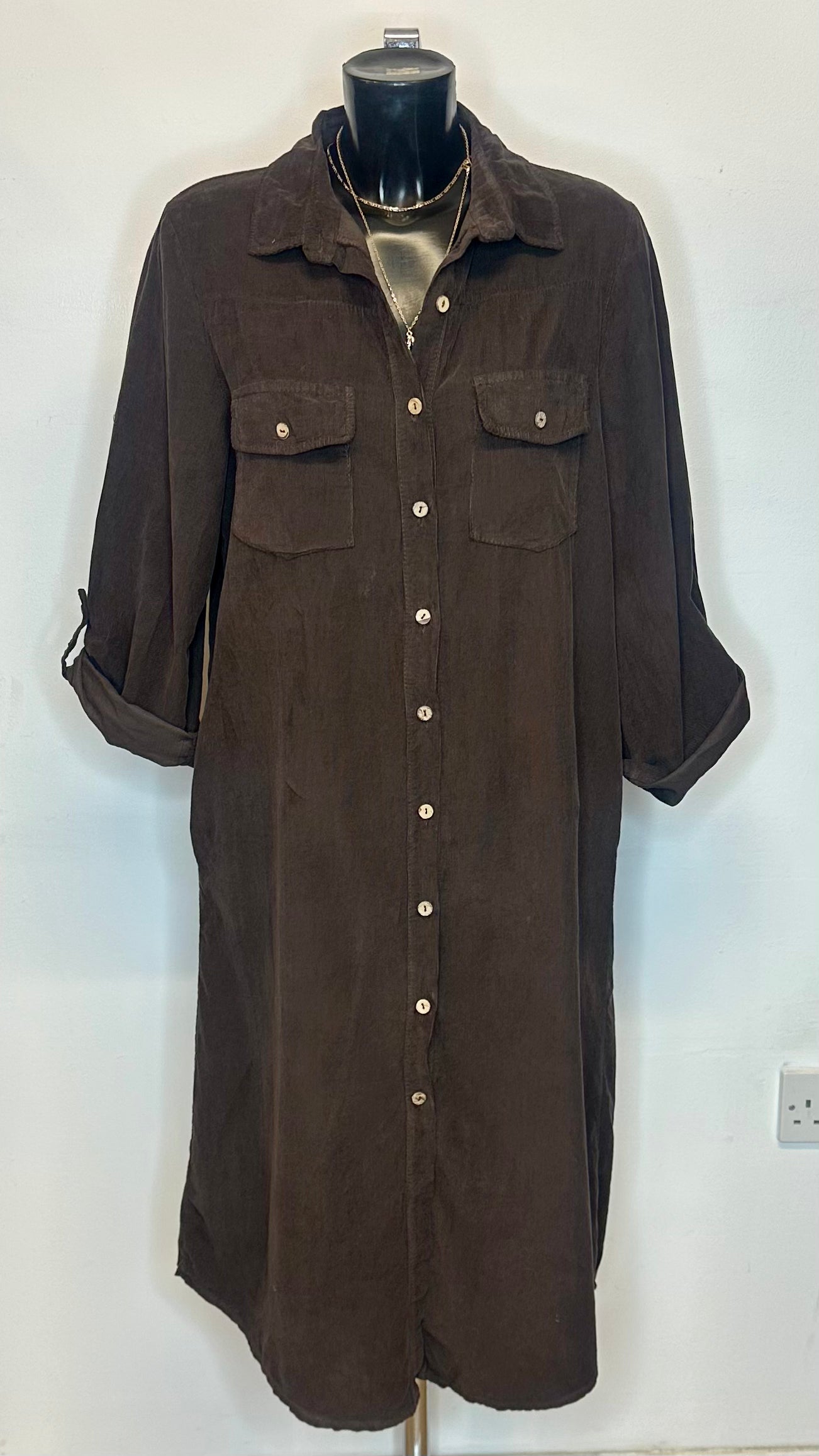 Corduroy Shirt Dress - Chocolate Brown Colour