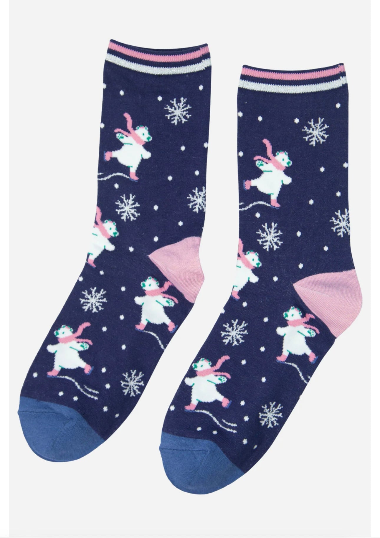 Navy Blue Bamboo Socks - Christmas Polar Bear Ice Skating Print