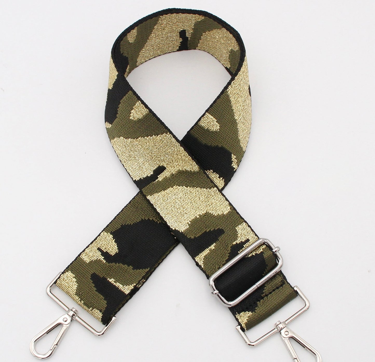 Green glitter camo print bag strap - Silver hardware