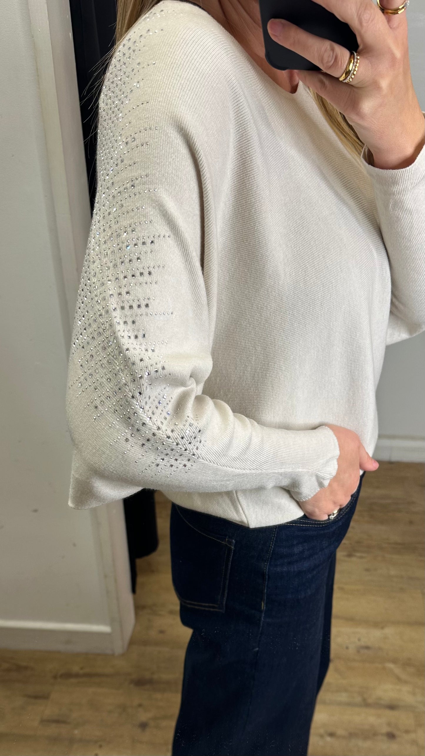 Diamante Batwing Jumper - Cream Colour