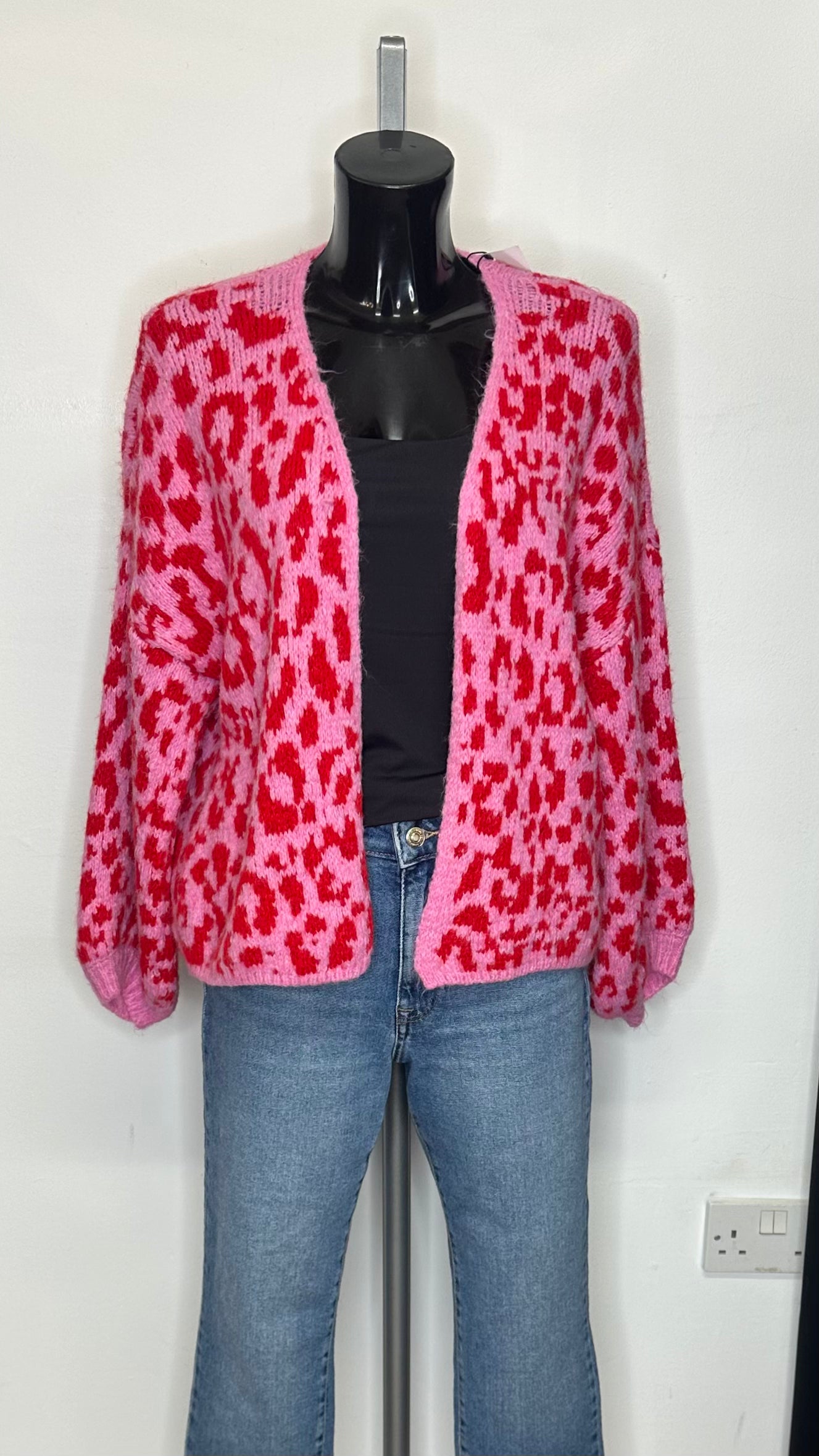 Animal Print Cardigan - Light Pink / Red