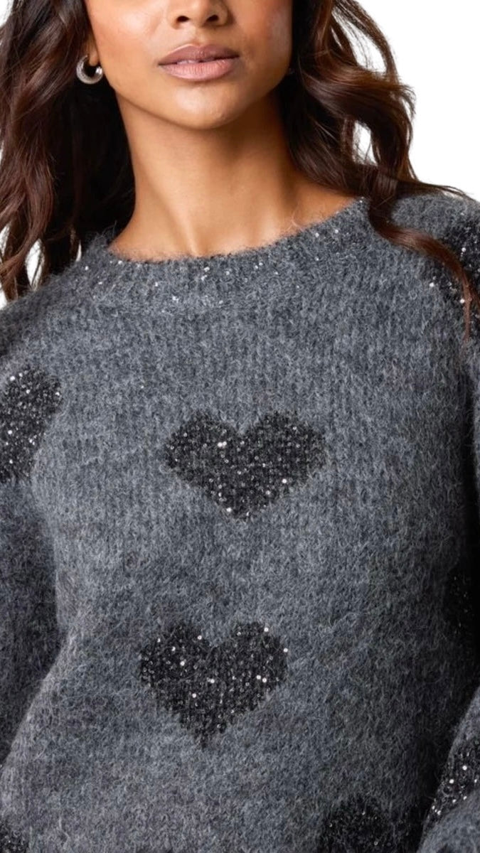 Metallic Heart Soft Knit Jumper - Grey Colour