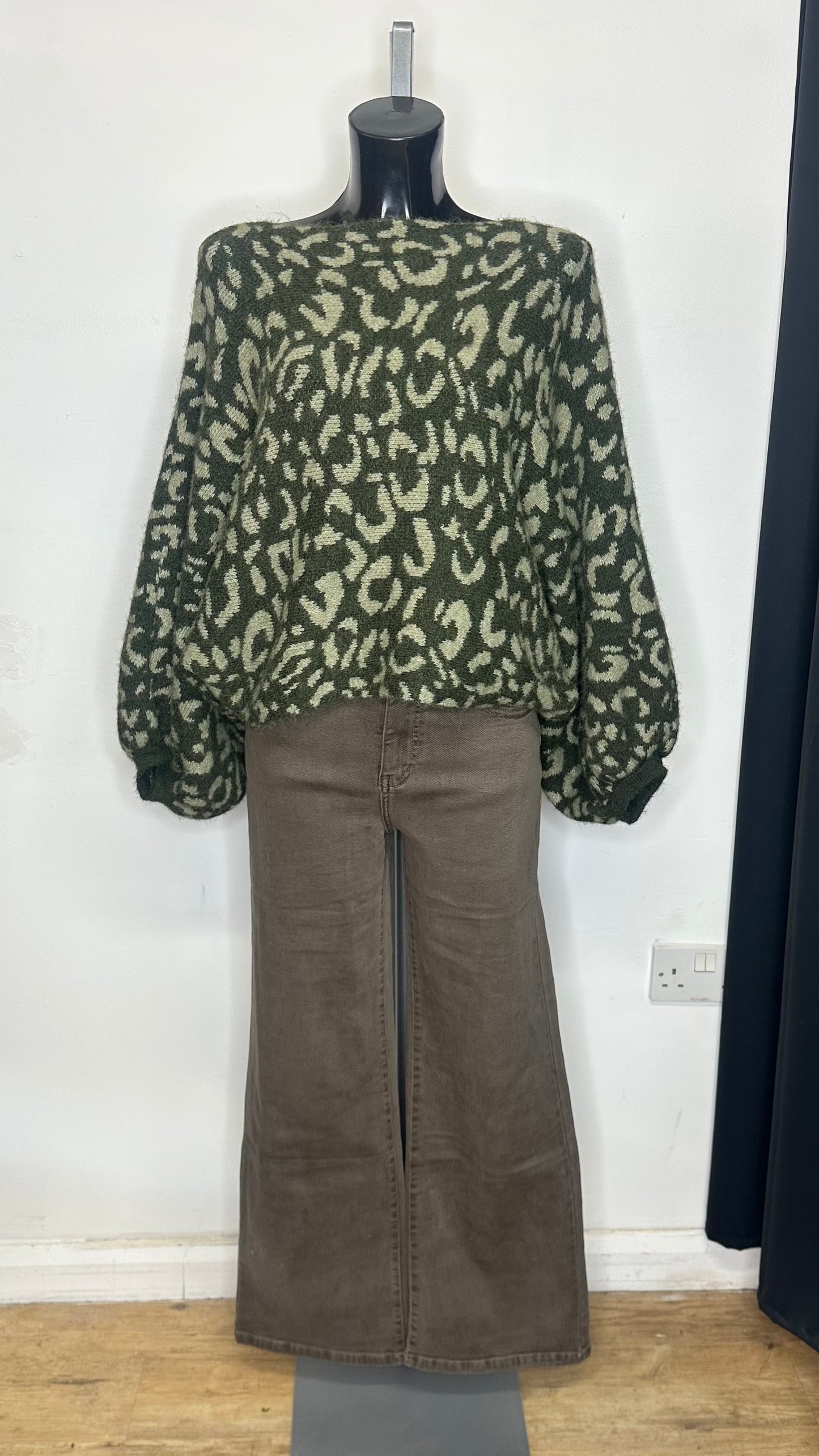Animal Print Batwing Chunky Knit - Khaki Colour