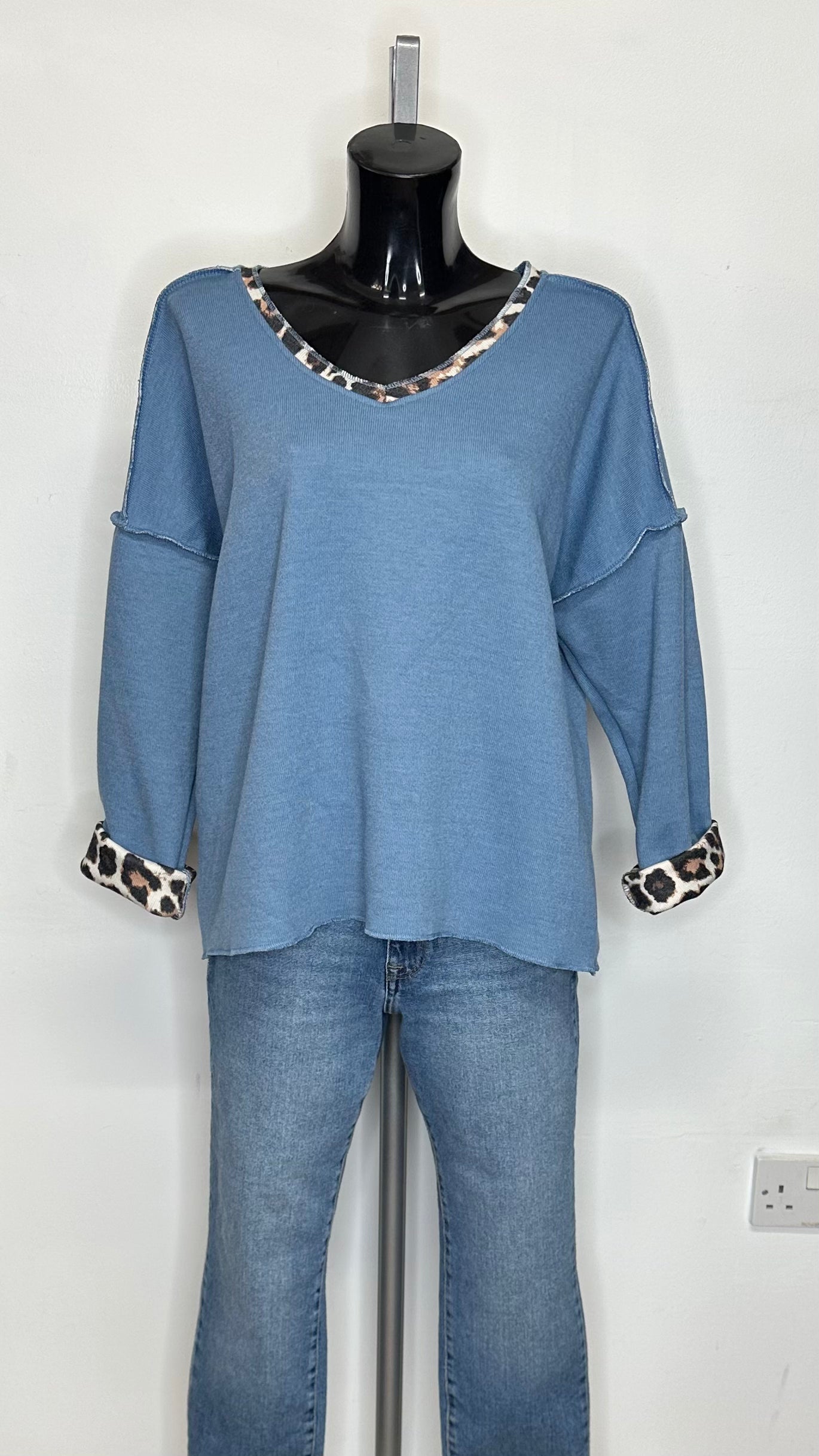 Leopard Trim Jumper - Blue Colour
