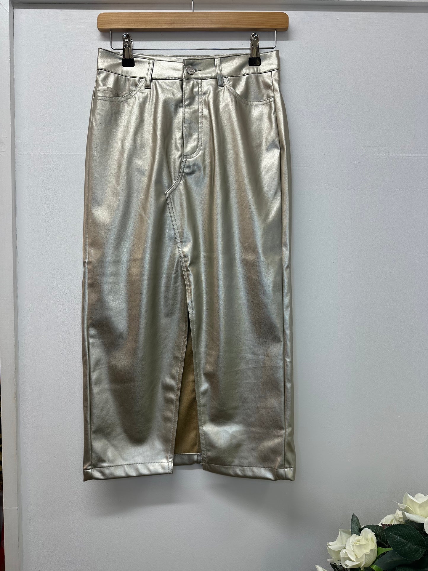 High Waisted Metallic Faux Leather Skirt