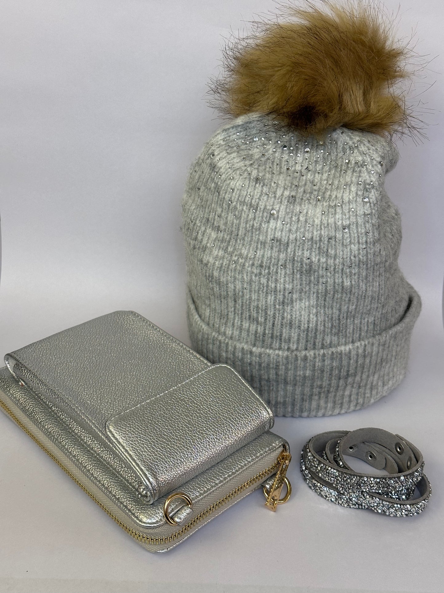 Grey Diamante Hat Set