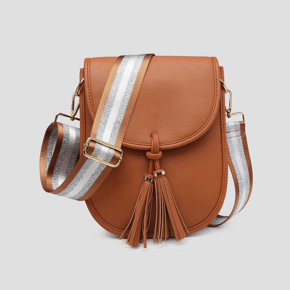 Brown crossbody bag with front tassel closure