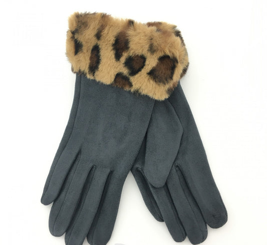 Animal Print Fur Gloves - Grey Colour