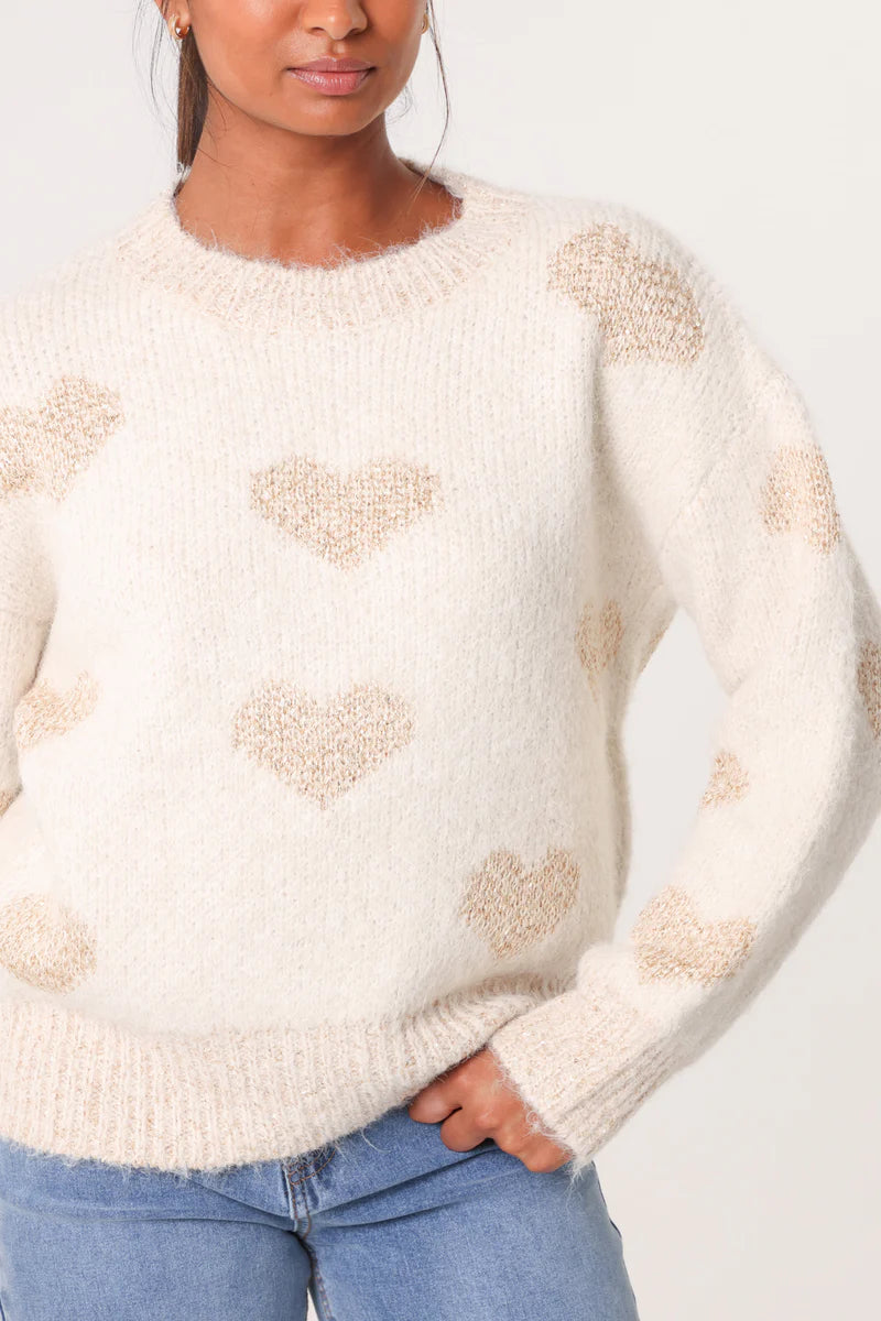 Metallic Heart Soft Knit Jumper - Cream Colour
