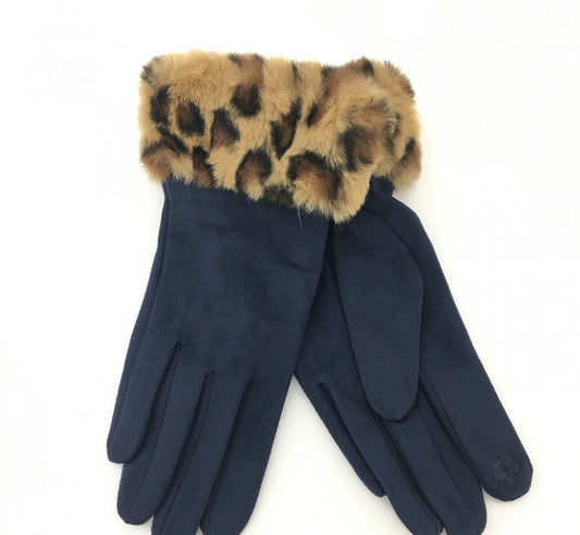 Animal Print Fur Gloves - Navy Colour