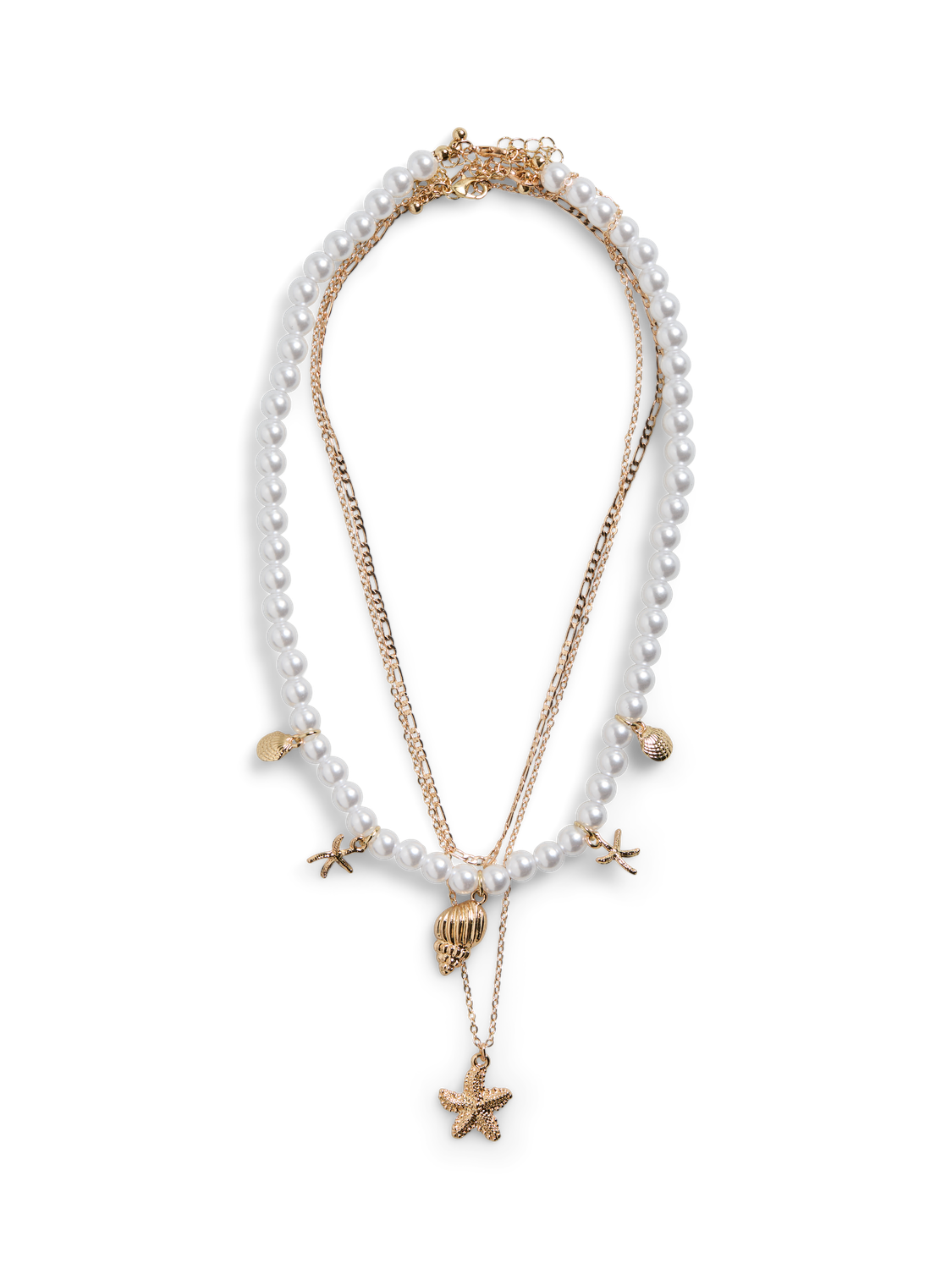 3 Chain Layered Pearl / Shell Necklace - Gold Colour