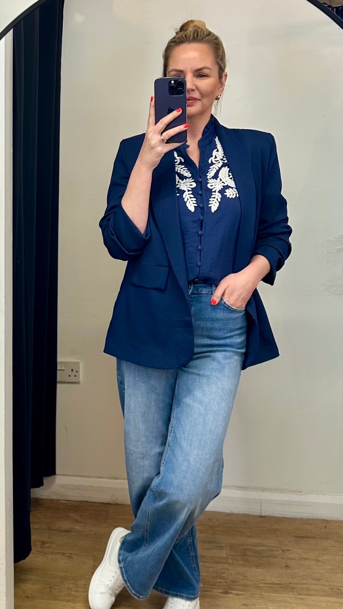 Navy & White Embroidered Top