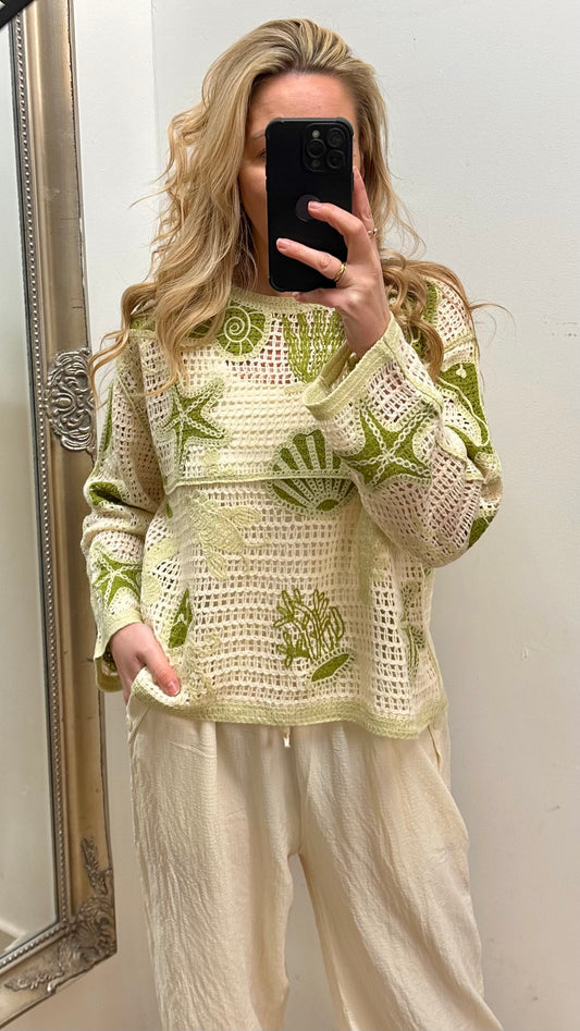 Cream Crochet Top - Green Motifs