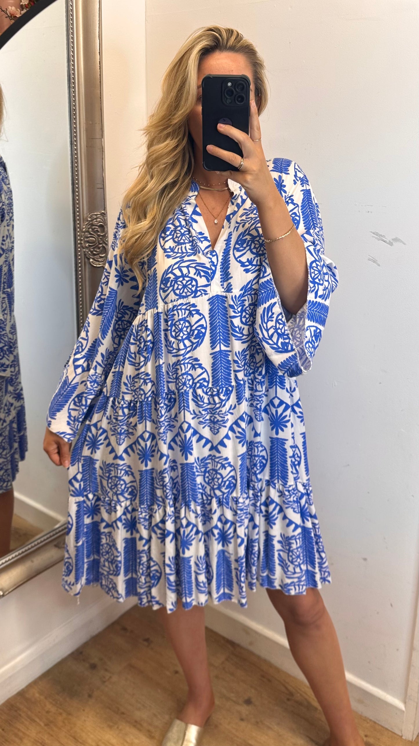 Patterned Smock Dress - Blue Colour