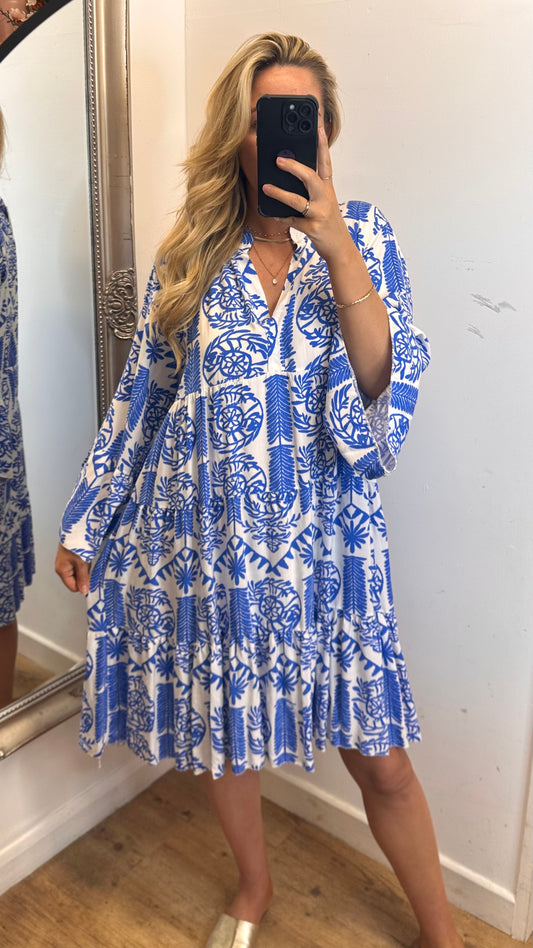 Patterned Smock Dress - Blue Colour