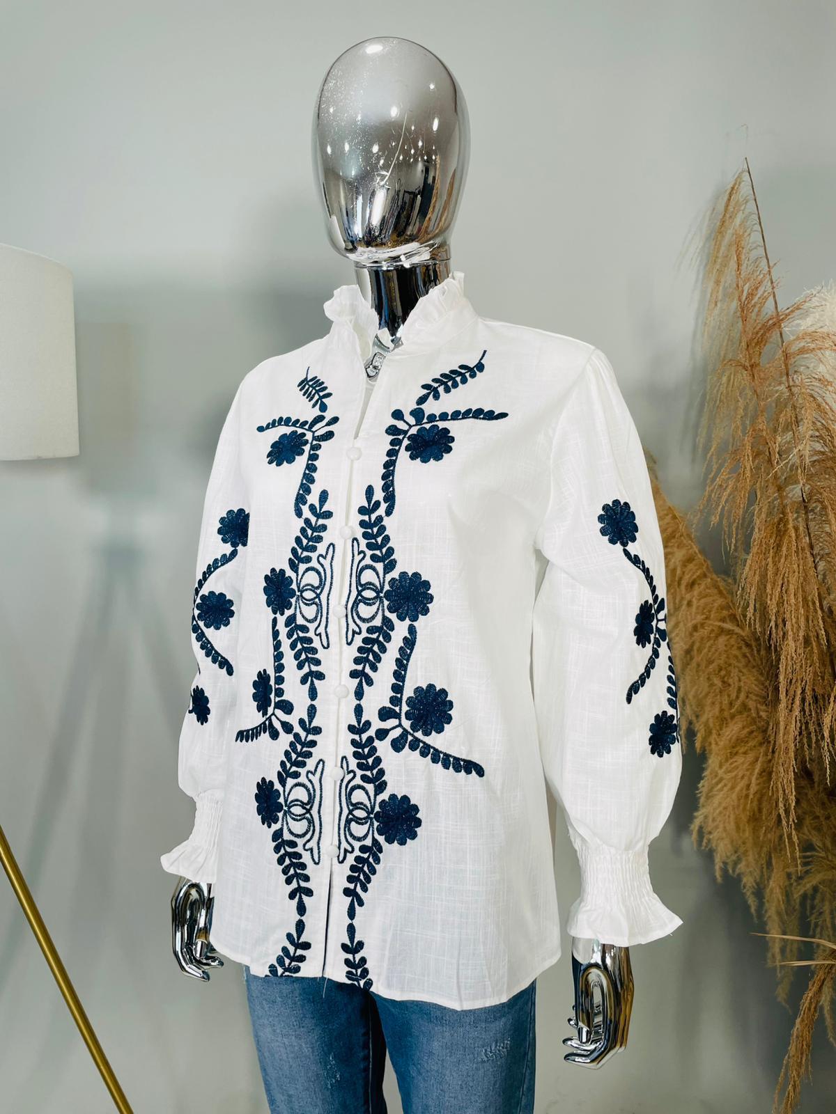 White & Navy Embroidered Shirt