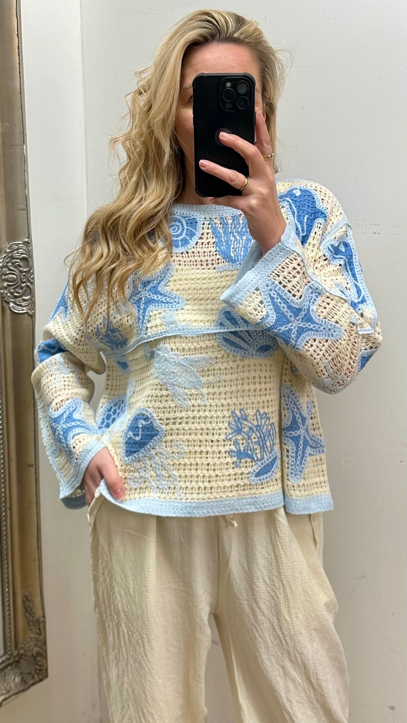 Cream Crochet Top - Blue Motifs