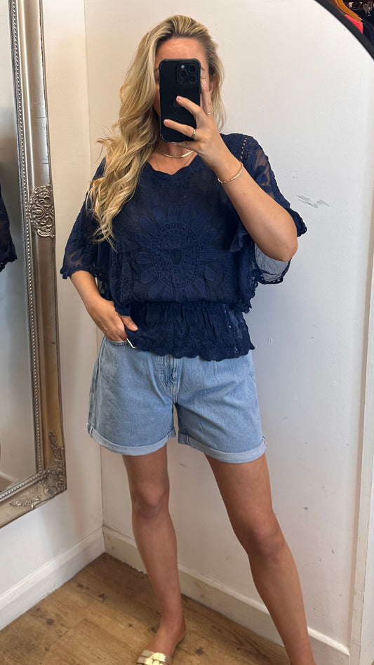 Sheer Sleeve Embroidered Top - Navy Colour