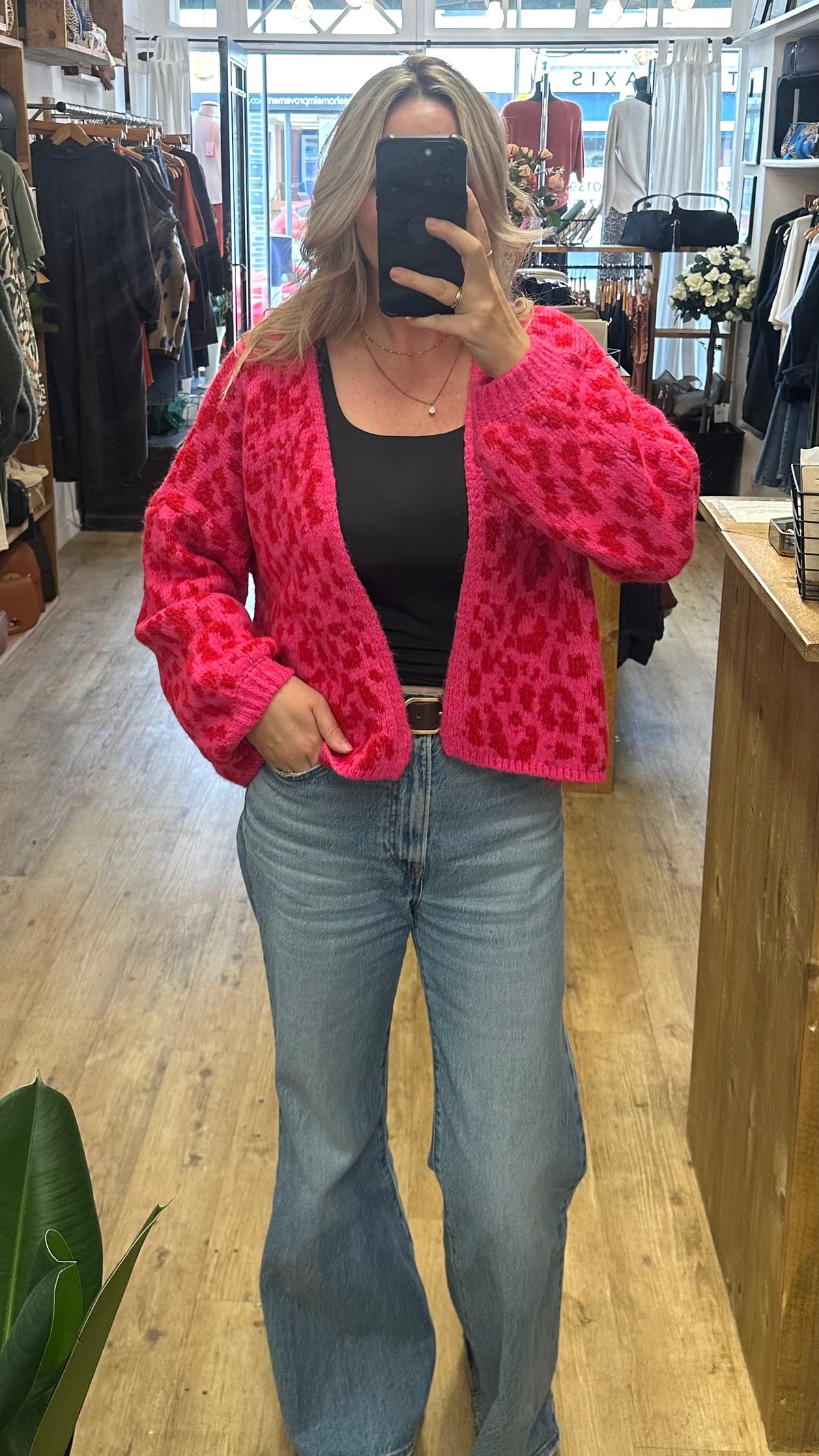 Animal Print Cardigan - Pink / Red