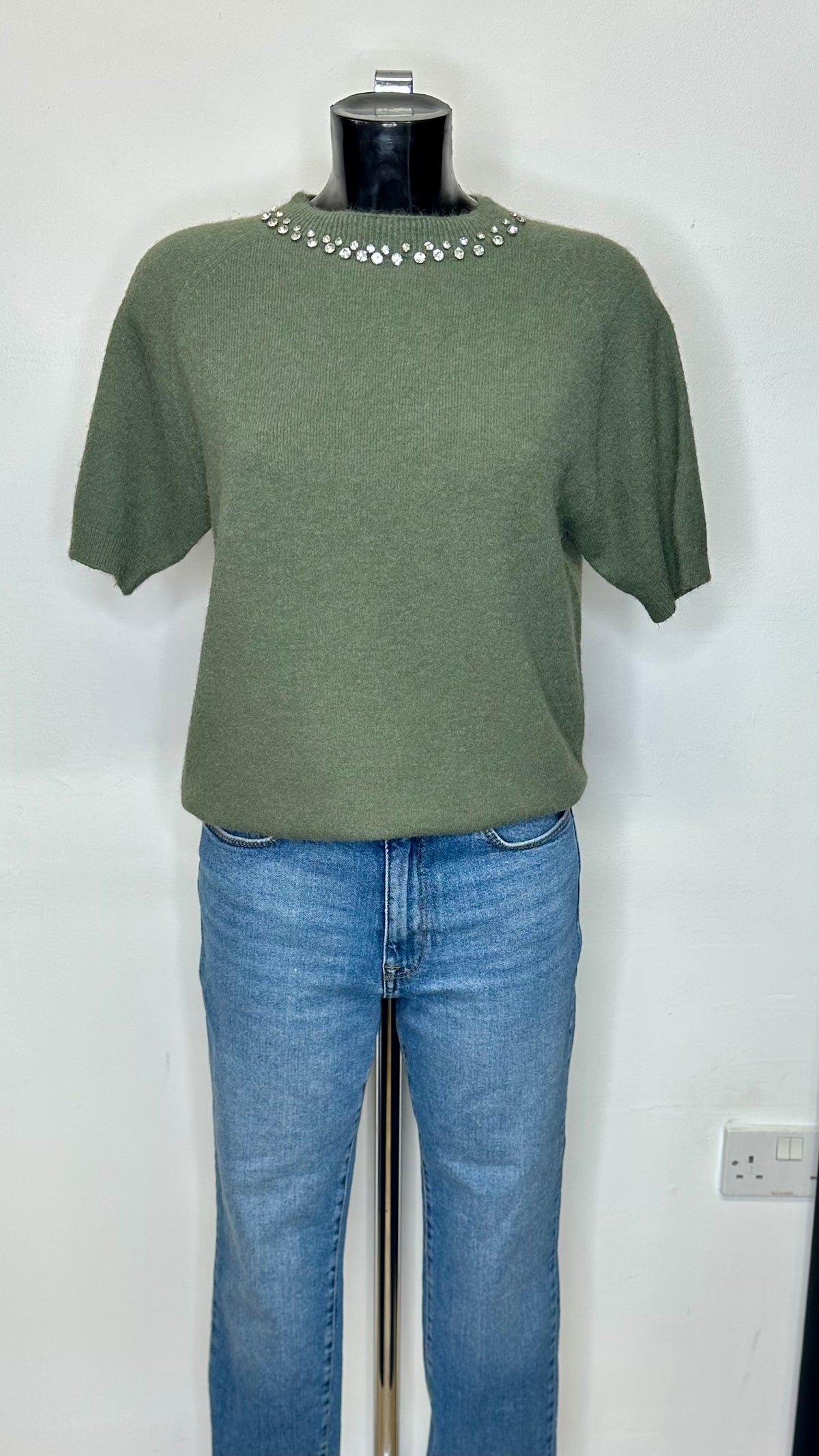 Khaki Diamante Neckline Knit