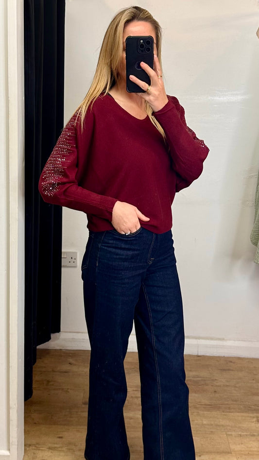 Diamante Batwing Jumper - Burgundy Colour