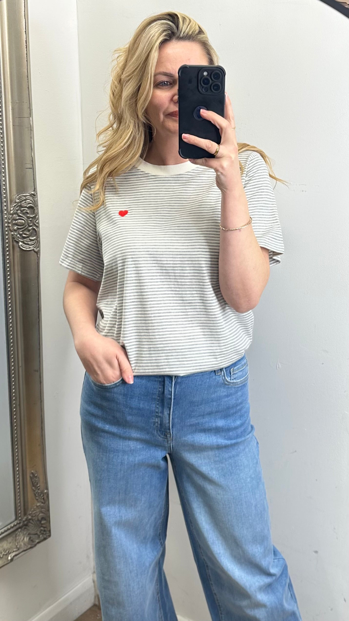 Cream & Grey Stripe T-Shirt - Red Heart Motif