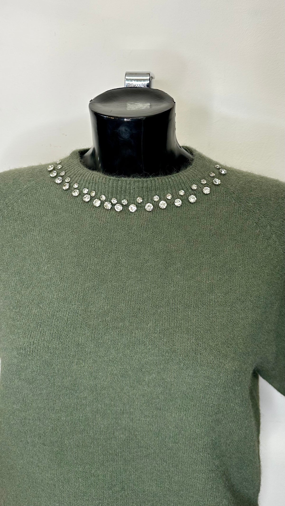 Khaki Diamante Neckline Knit
