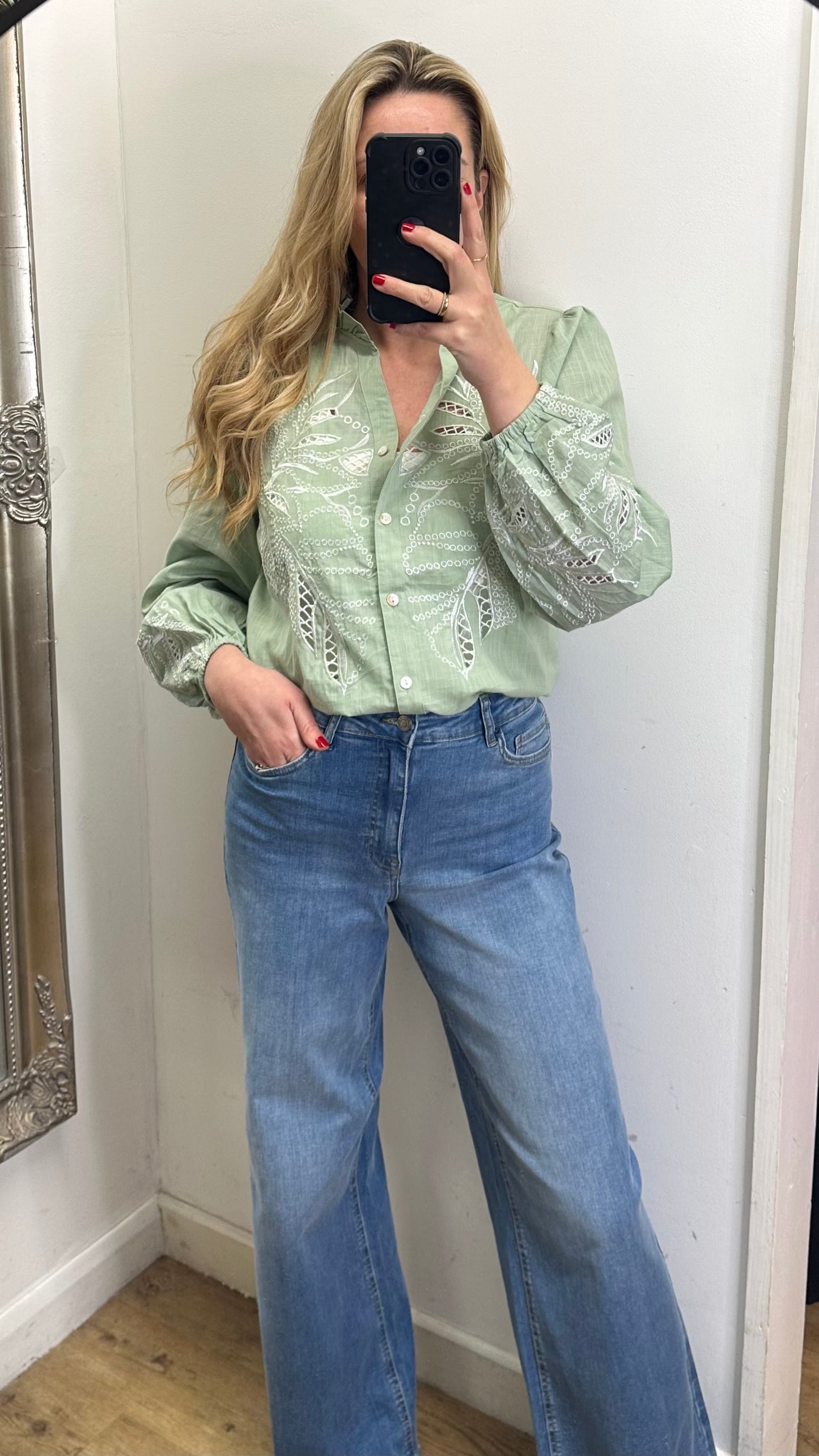 Mint Green Embroidered Cotton Shirt