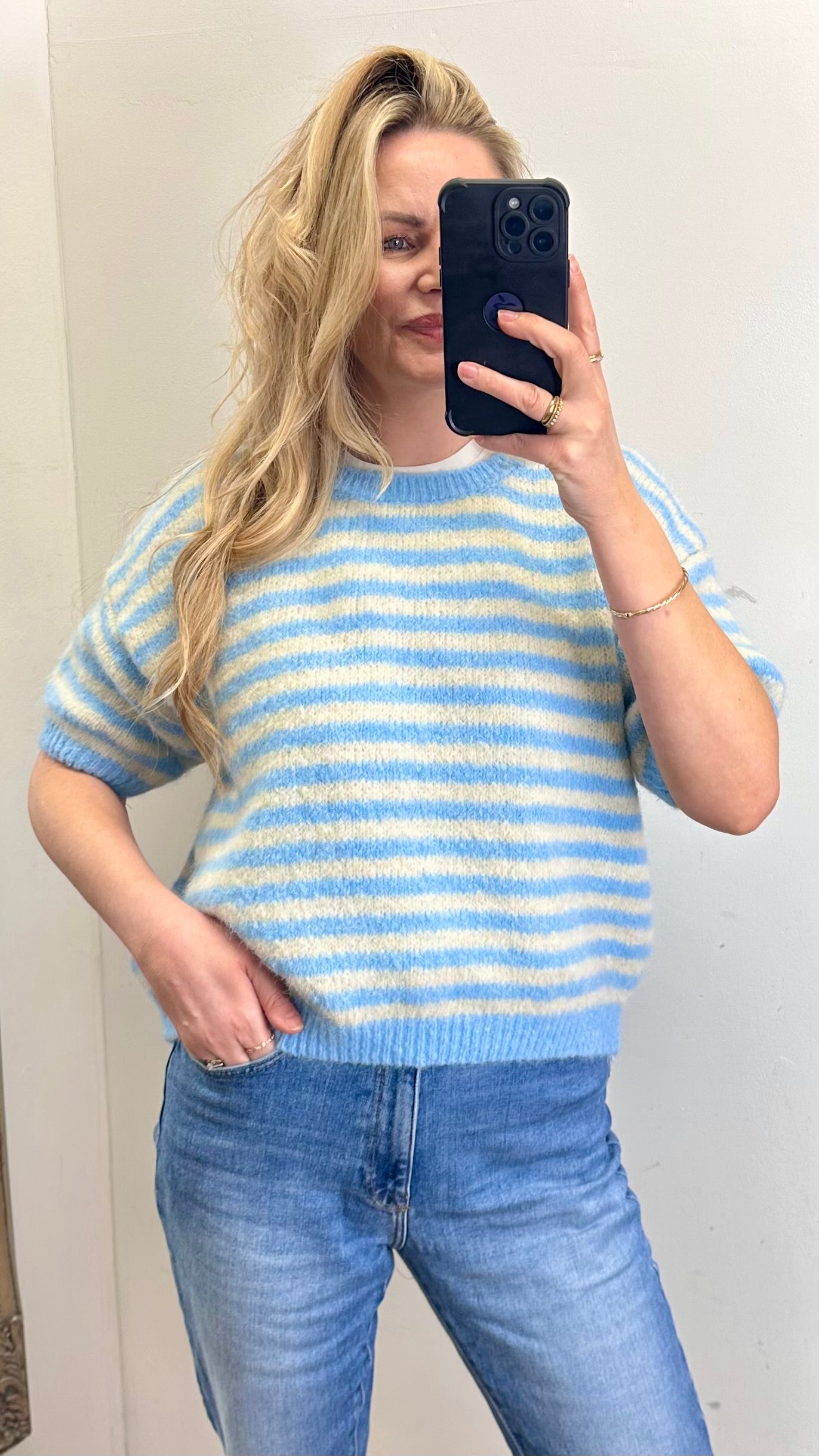 Blue / Cream Stripe Short Sleeve Knit